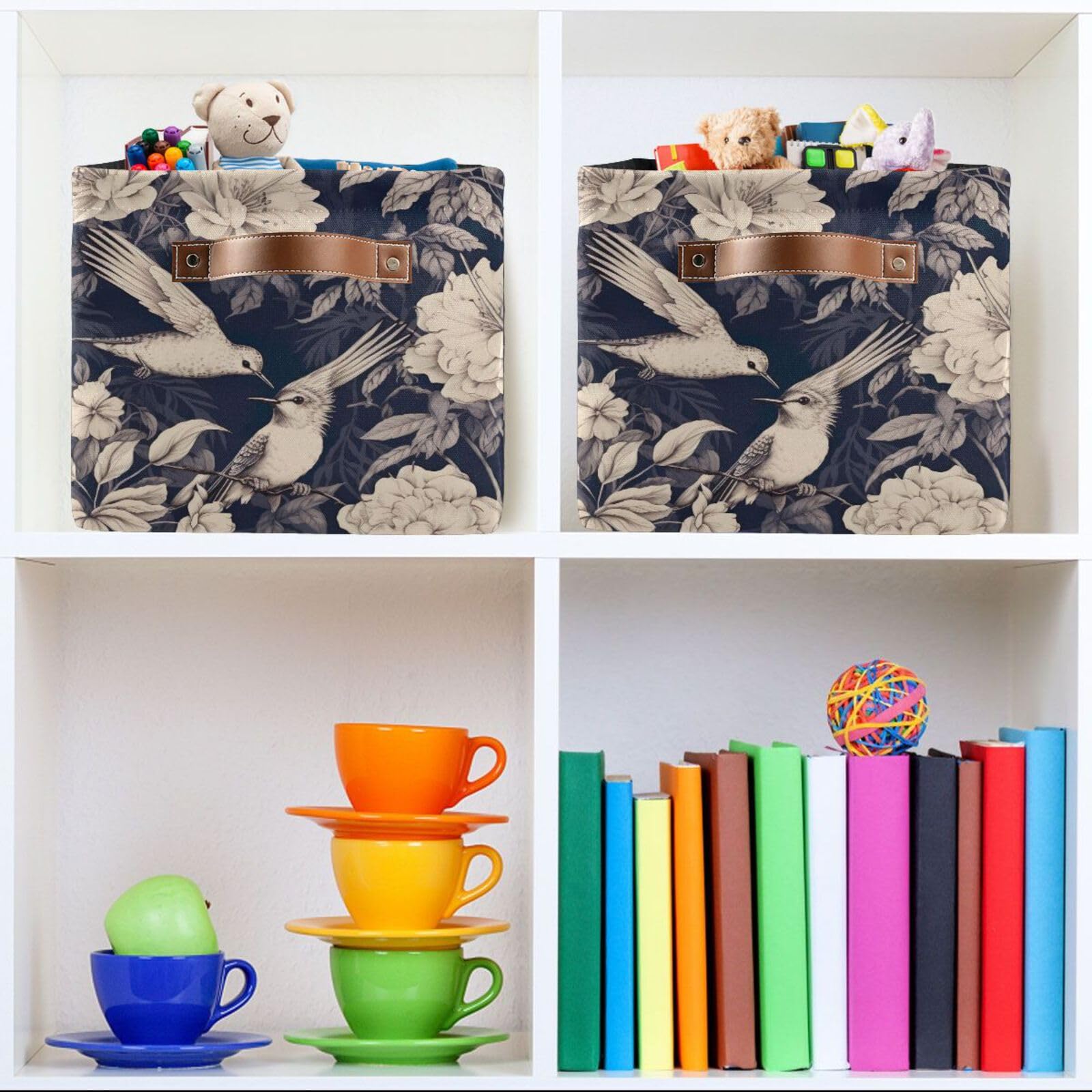 2PCS Large Foldable Storage Baskets with Floral Hummingbird Design - Collapsible Fabric Bin Cube Organizer for Home, Closet, Nursery & Office Organization