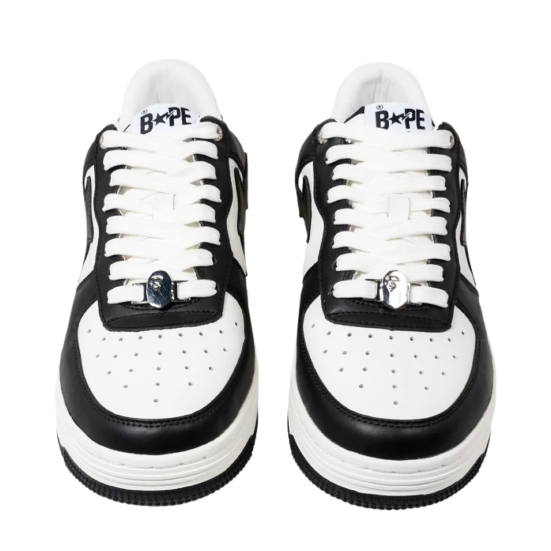 BAPE Bapesta Low Leather Sneakers - Black & White Men's Casual Shoes for Streetwear & Urban Fashion