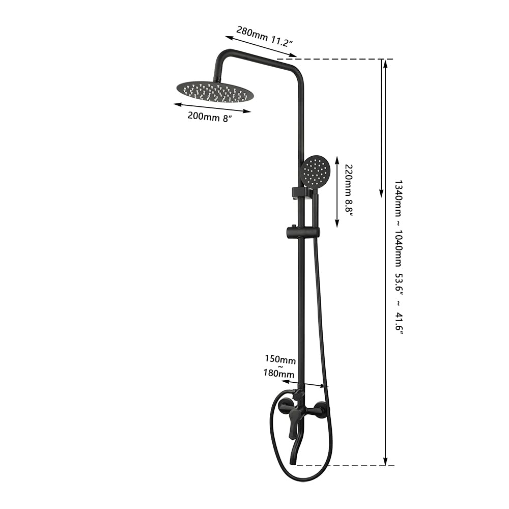 KECTIAKL Matte Black Outdoor Shower System - 8 Inch Rainfall Shower Head with 3 Spray Functions - Wall Mounted Bathroom Shower Fixture Set for Patio, Poolside & Garden Use
