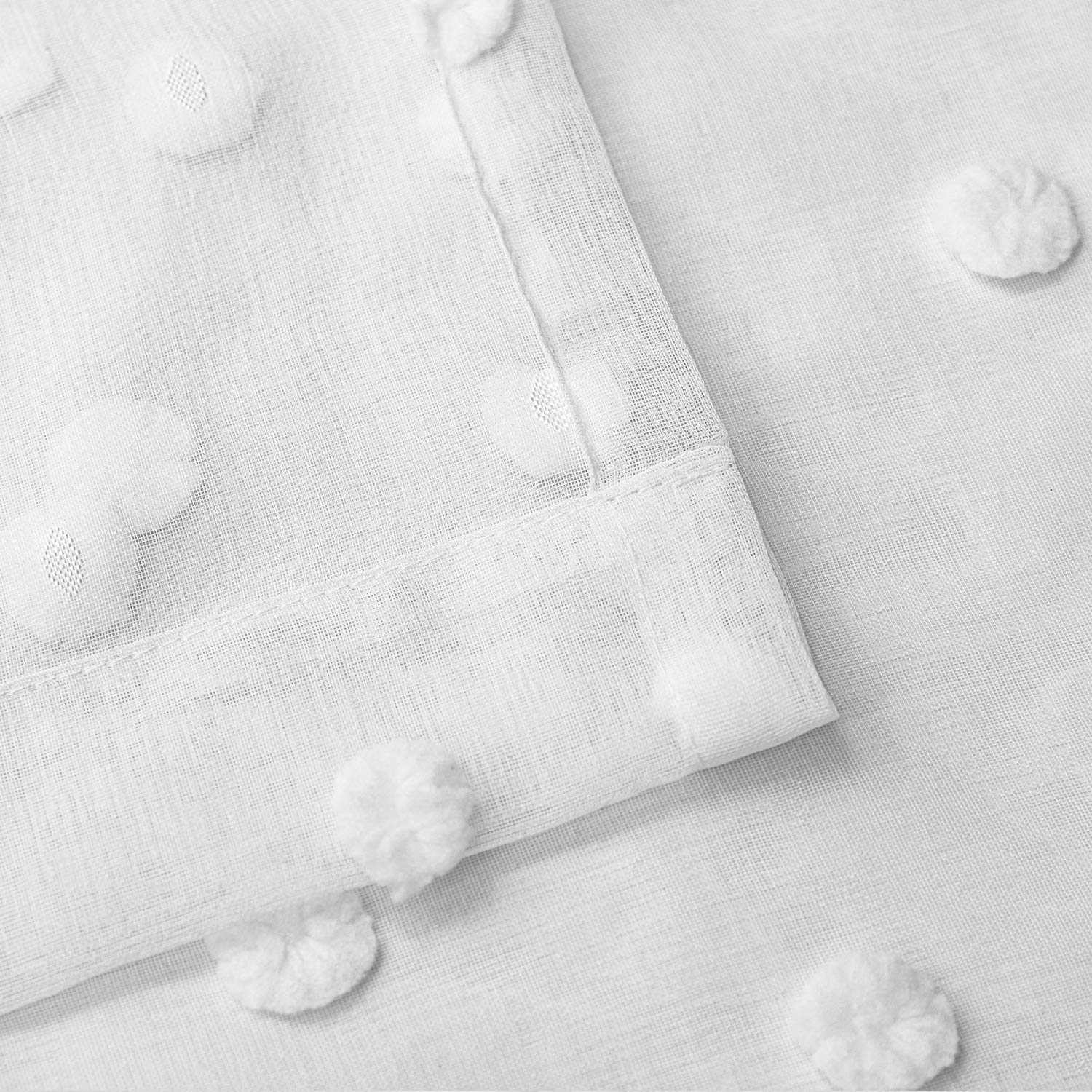 Farmhouse Short Curtains 30 Inch Length - Sheer Kitchen Window Treatments Set - Shabby Chic Modern Snow Pom Textured Cafe Valance - Small French Country Decor for Bathroom, RV & Camper - White - Perfect for Cozy Kitchens, Rustic Bathrooms and Travel Trailers