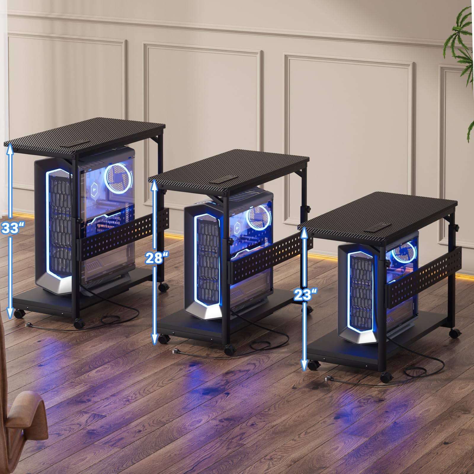 Adjustable Height Rolling Computer Tower Stand with Power Strips - 32