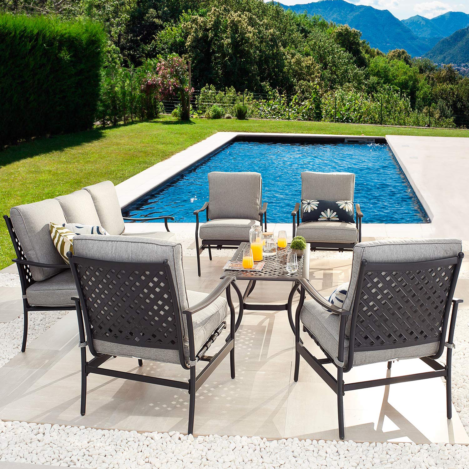 PatioFestival 6-Piece Outdoor Conversation Set with Cushions - All-Weather Galvanized Steel Frame, Grey Metal Patio Furniture for Backyard, Garden & Poolside Relaxation