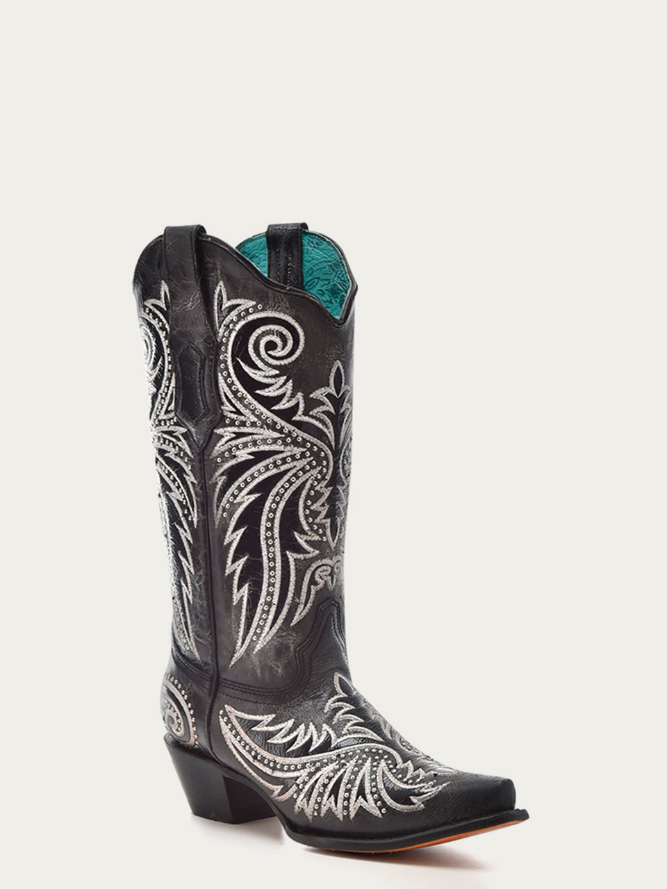 Z5209 Women's White Embroidered Cowboy Boots with Black Overlay & Studs - Stylish Western Boots for Country Music Festivals & Rodeo Events