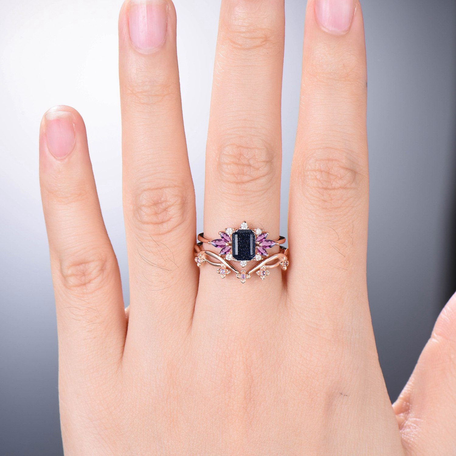 Emerald Cut Galaxy Blue Sandstone & Marquise Amethyst Wedding Ring Set for Women - Unique Branch Bridal Jewelry Set, Personalized Engagement Gift for Her - Perfect for Proposals, Anniversaries & Special Occasions