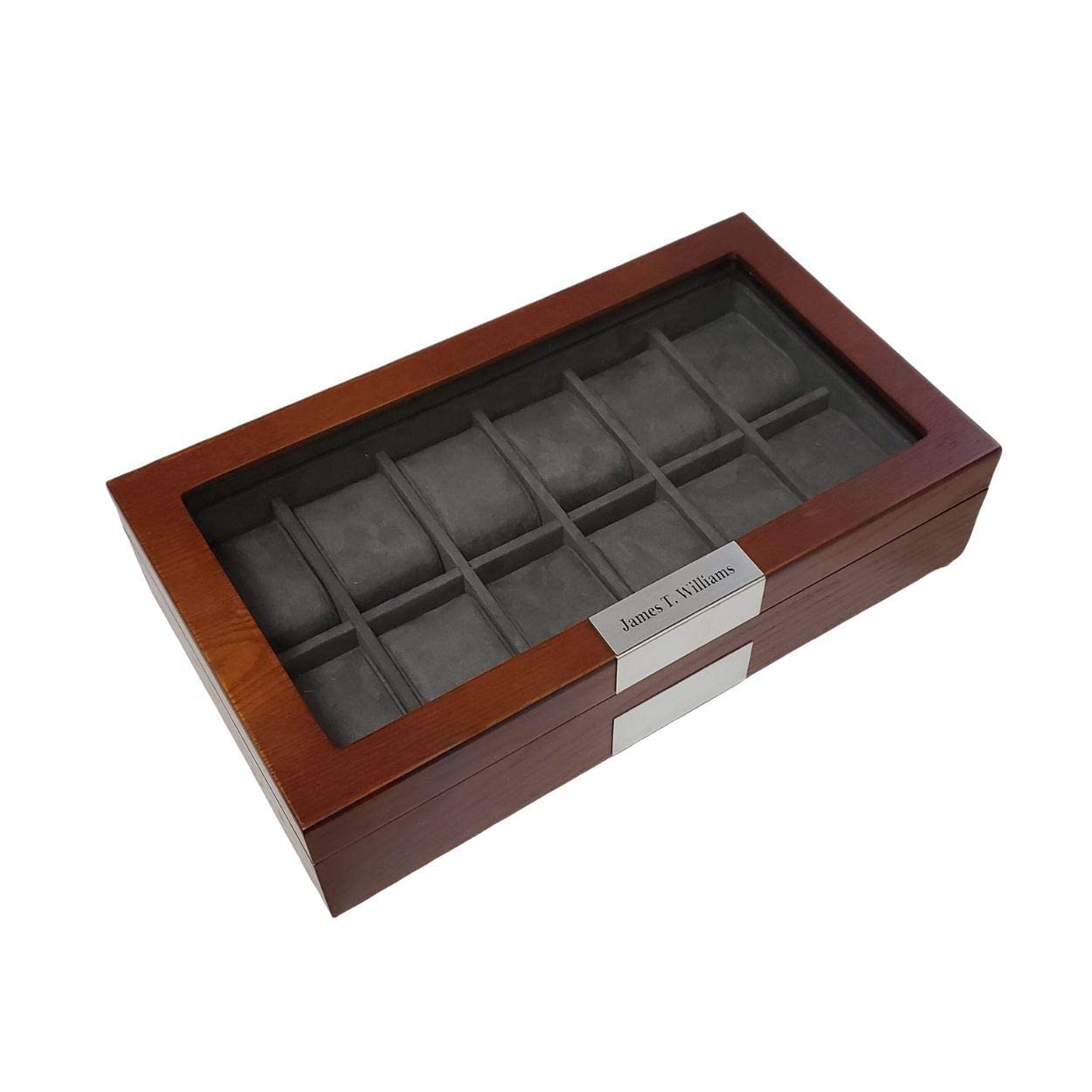 Personalized 12-Slot Cherry Wood Watch Box with Glass Top - Luxury Watch Display Case & Jewelry Organizer with Stainless Steel Accents & Oversized Deluxe Pillows - Perfect for Watch Collectors, Gift Giving & Home Décor