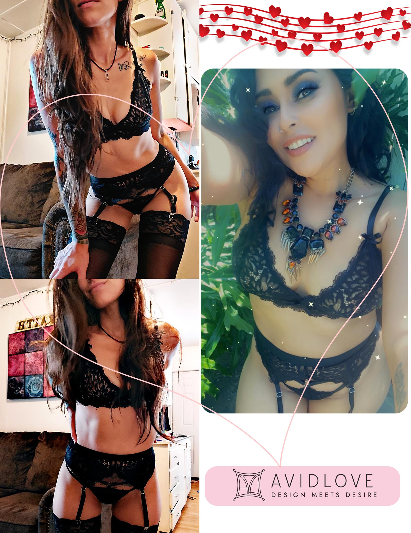 **Avidlove Women's 3-Piece Lace Lingerie Set - Sexy Garter Bra & Panty Set with Belt for Valentine's Day & Boudoir Photography**    *(Use for romantic occasions, bridal showers, honeymoons, or intimate photoshoots.)*