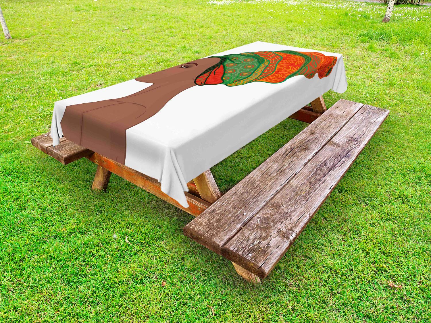 Ambesonne African Print Outdoor Tablecloth - Afro Female Beauty Traditional Hair Dress Turban Design, Washable Picnic Table Cover 58