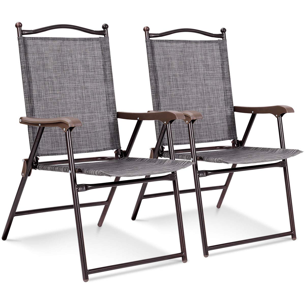 Giantex Set of 2 Folding Patio Chairs with Armrests - Lightweight Sling Lounge Chairs for Indoor Outdoor Use, Garden, Poolside, Beach, Camping & Backyard - Easy Assembly Metal Frame Grey Patio Furniture