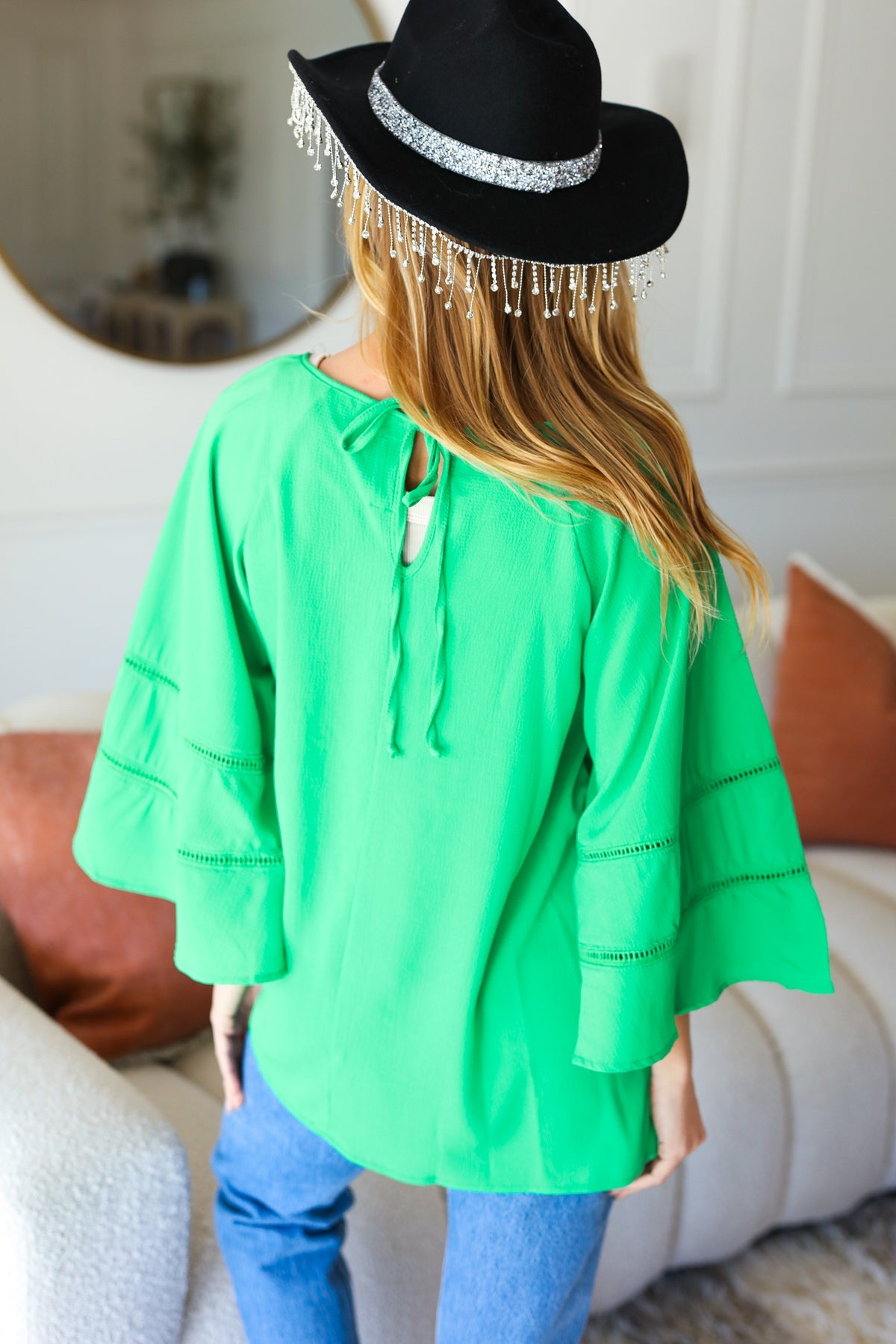Stylish Green Crochet Bell Sleeve Blouse with Tie Strap - Women's Fashion Top for Casual Wear, Date Night & Boho Outfits