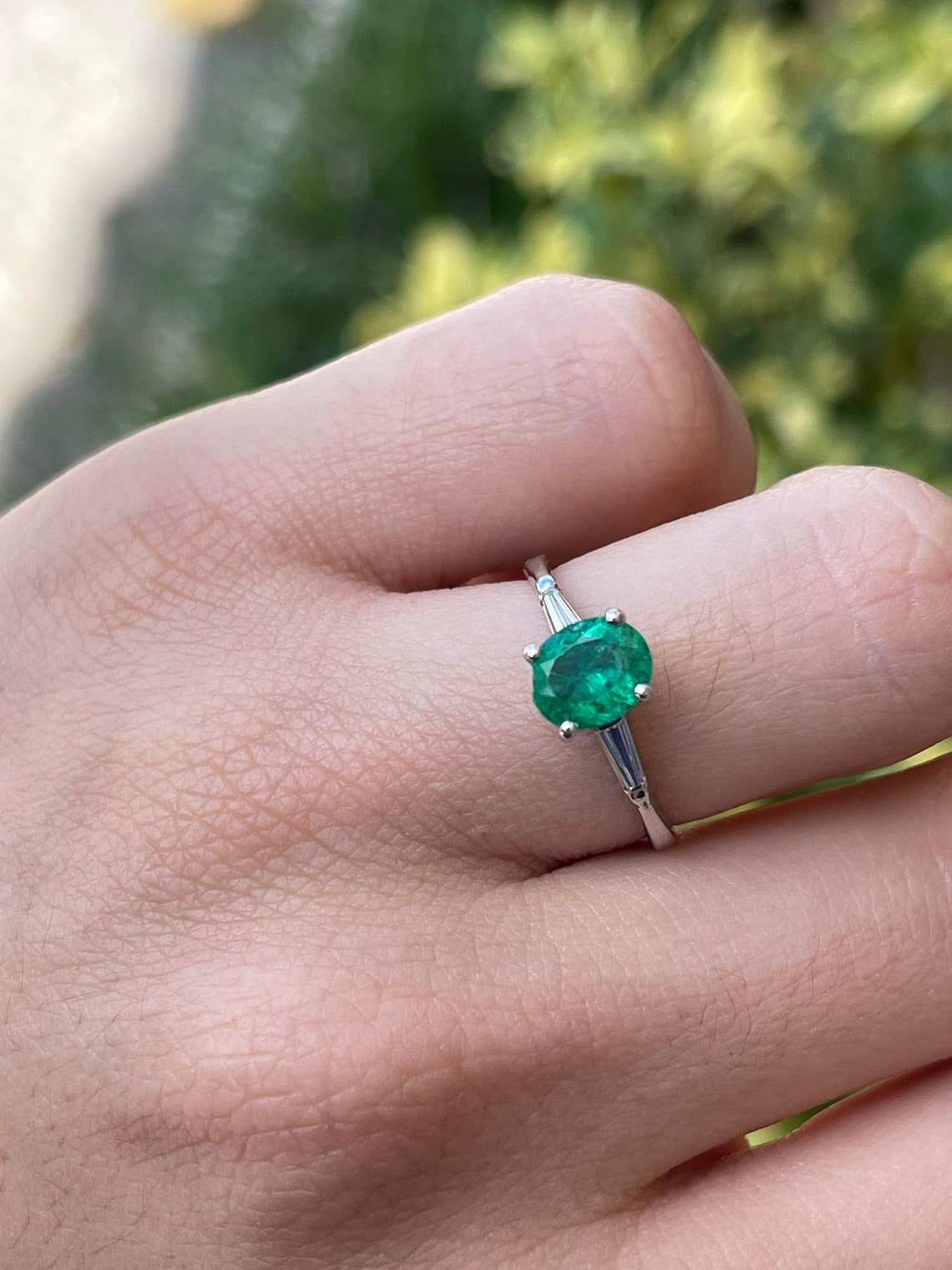 1.48tcw Colombian Emerald Oval Cut & Tapered Baguette Diamond Ring Set In Platinum - Elegant Wedding, Engagement & Anniversary Jewelry Gift for Women