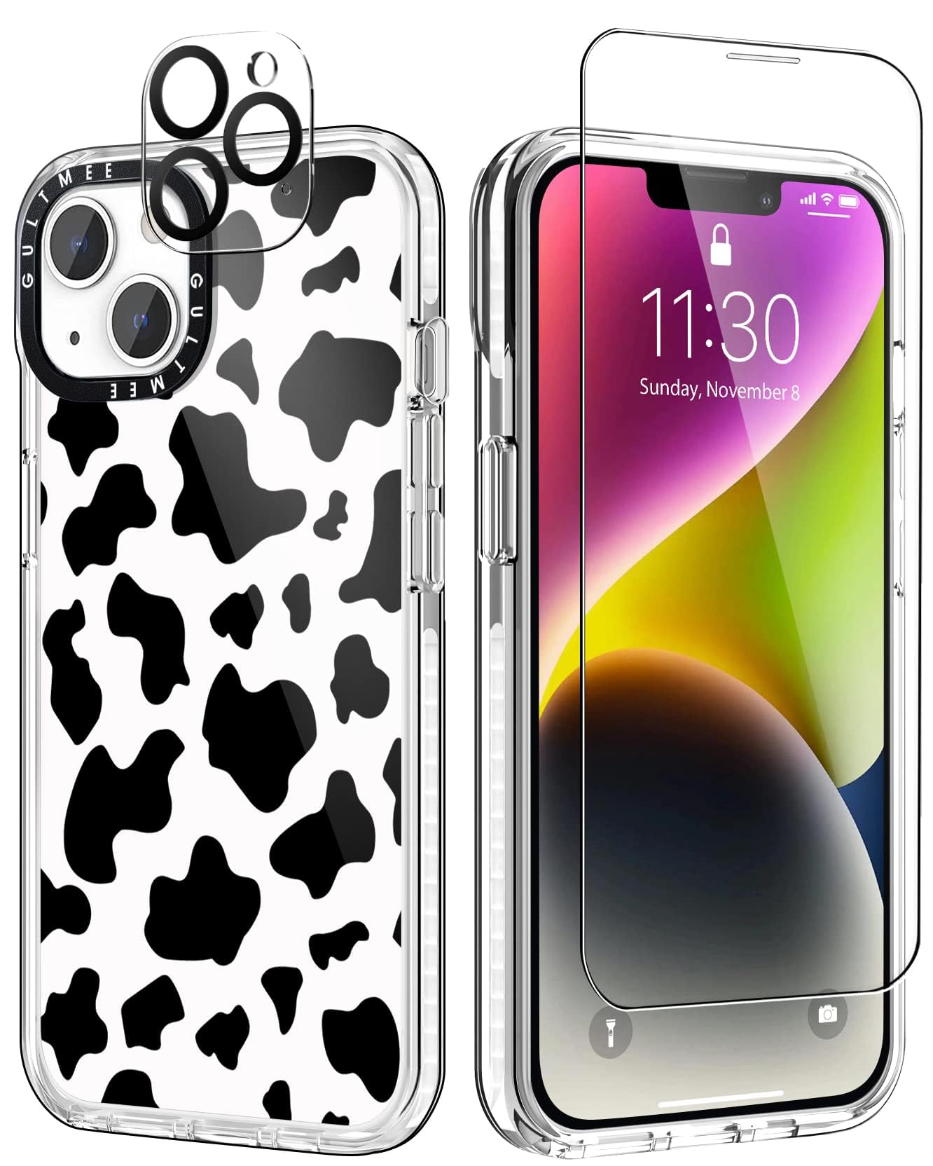 3 in 1 Cute Cow Print Shockproof iPhone 14 Pro Case with Built-in Bumper, Tempered Glass Screen Protector & Camera Lens Cover - 6.1