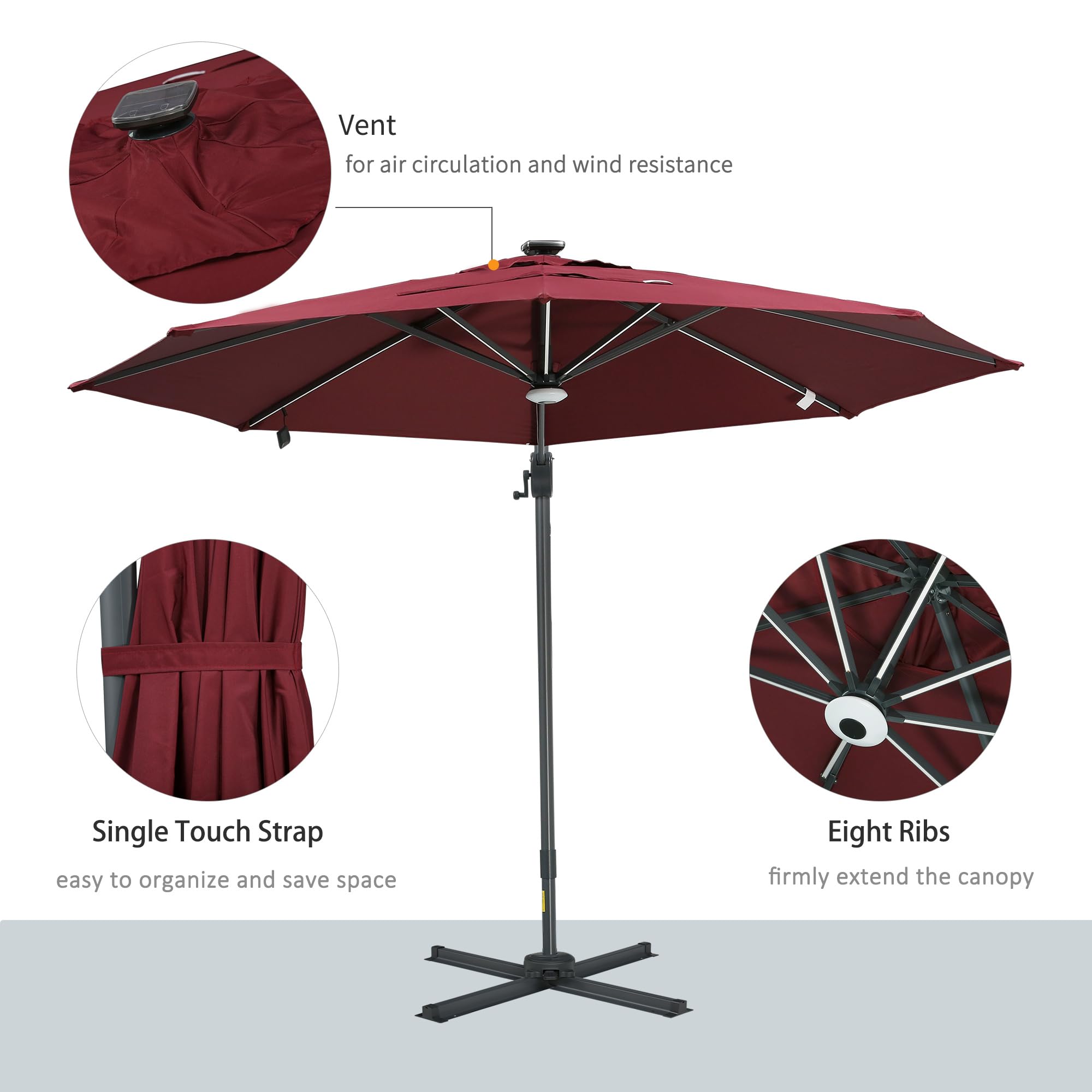 Outsunny 10ft Solar LED Cantilever Patio Umbrella - Aluminum Hanging Offset Outdoor Sun Shade with 360° Rotation, Built-in Lights, Adjustable Tilt & Crank, Heavy-Duty Cross Base - Perfect for Poolside, Backyard, Deck, and Garden Relaxation