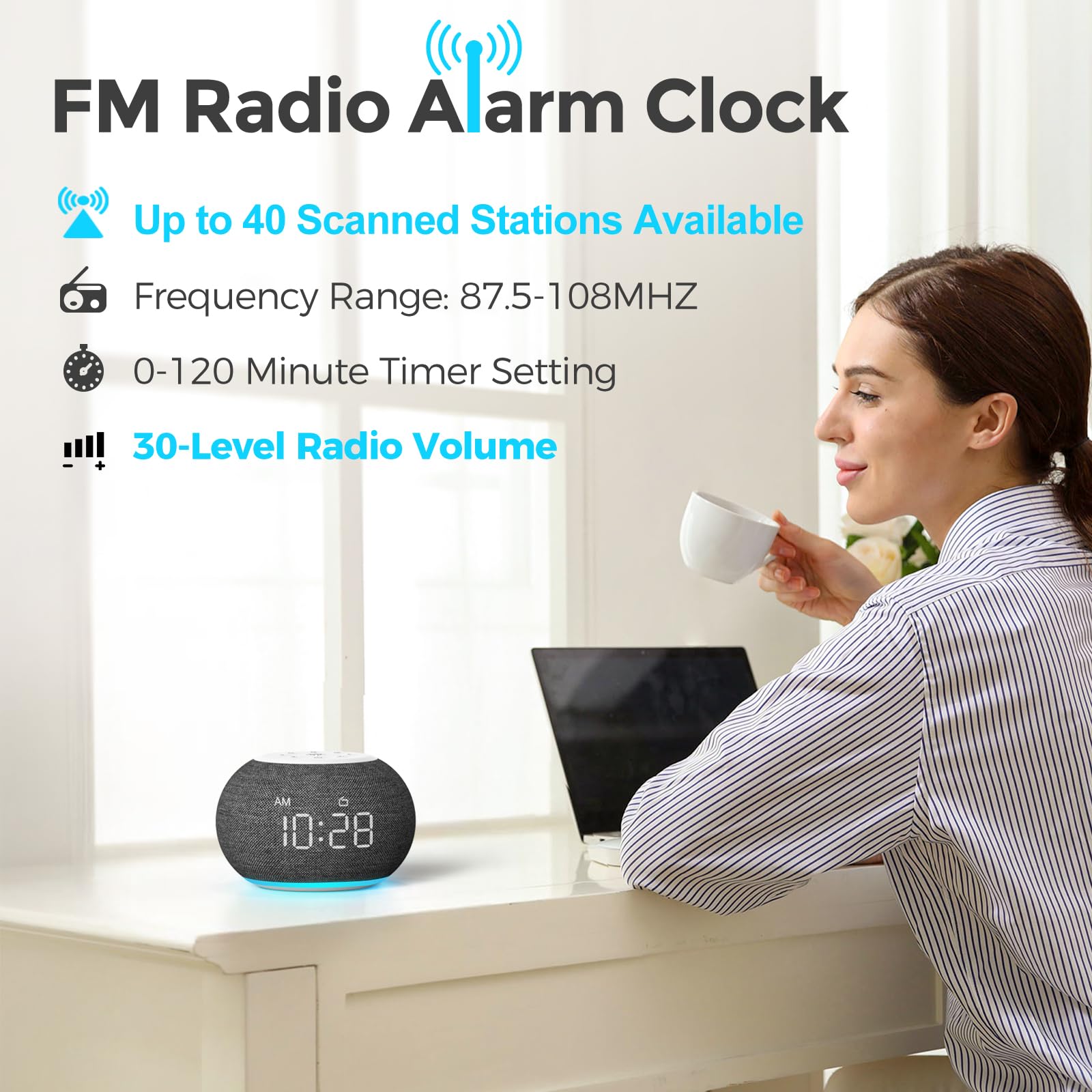 REACHER Auto Dimmable Alarm Clock Radio with FM Radio & 9-Color Night Light - Digital Bedside Clock with 0-100% Dimmer, 7 Wake Up Sounds & Sleep Timer - Perfect for Bedrooms, Home Office & Travel Use
