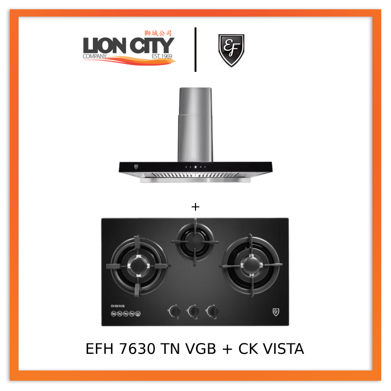 EF EFH 9730 TN VGB 3 Burner Built-In Glass Ceramic Hob with 90CM CK VISTA Cooker Hood - Modern Kitchen Stove for Home Cooking & Baking