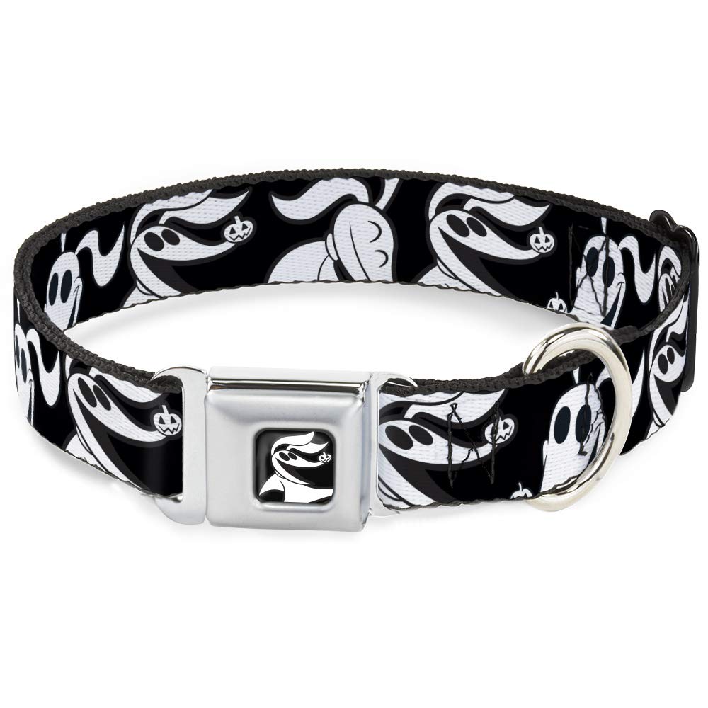 Nightmare Before Christmas Dog Collar - Zero Expressions Black & White Pet Safety Seatbelt Buckle, Adjustable 15-26 Inches, 1-Inch Wide for Small to Medium Dogs - Perfect for Car Travel & Halloween Costumes