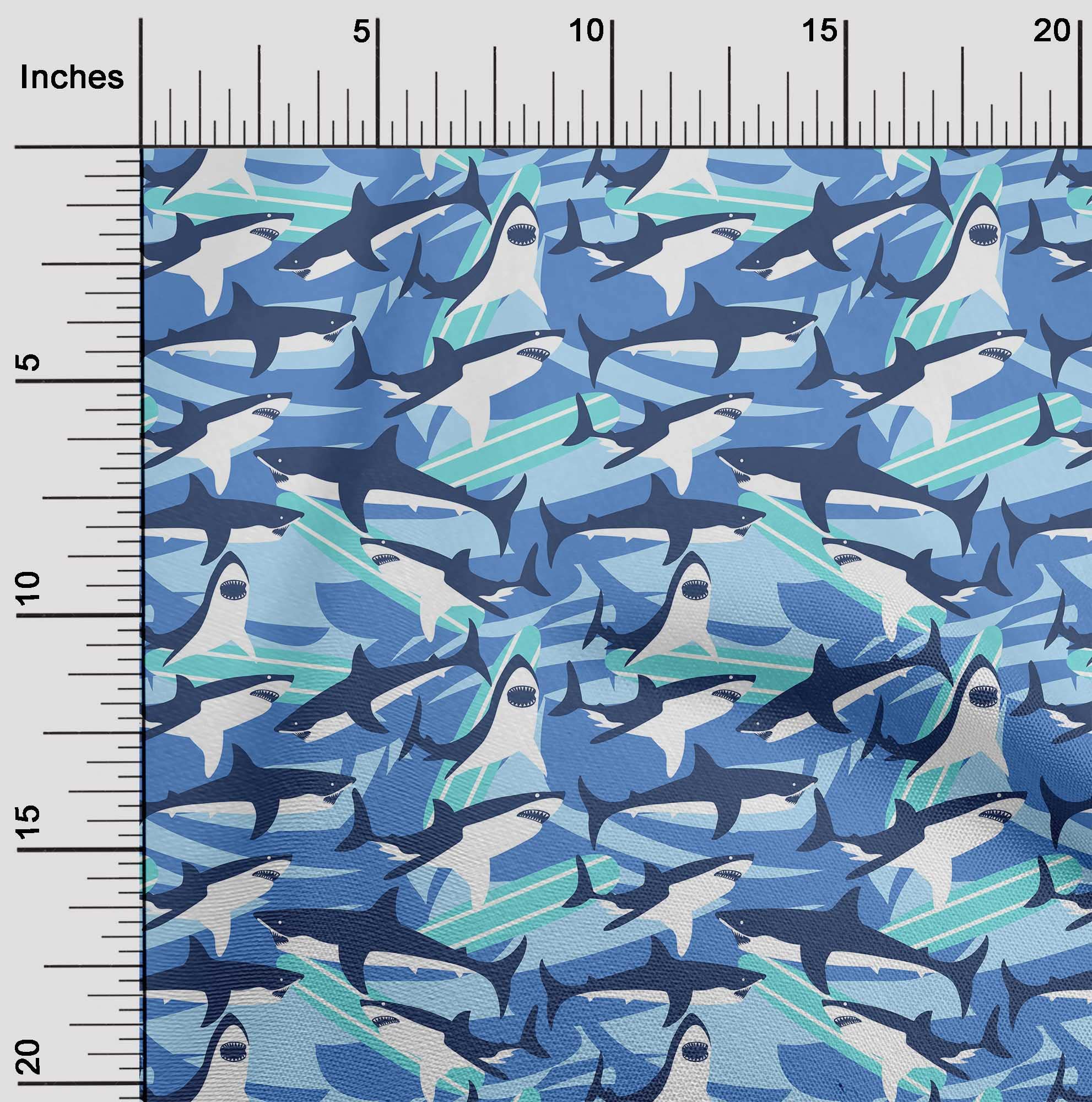 Premium Polyester Spandex Shark Print Fabric - Medium Blue Ocean Design, 56