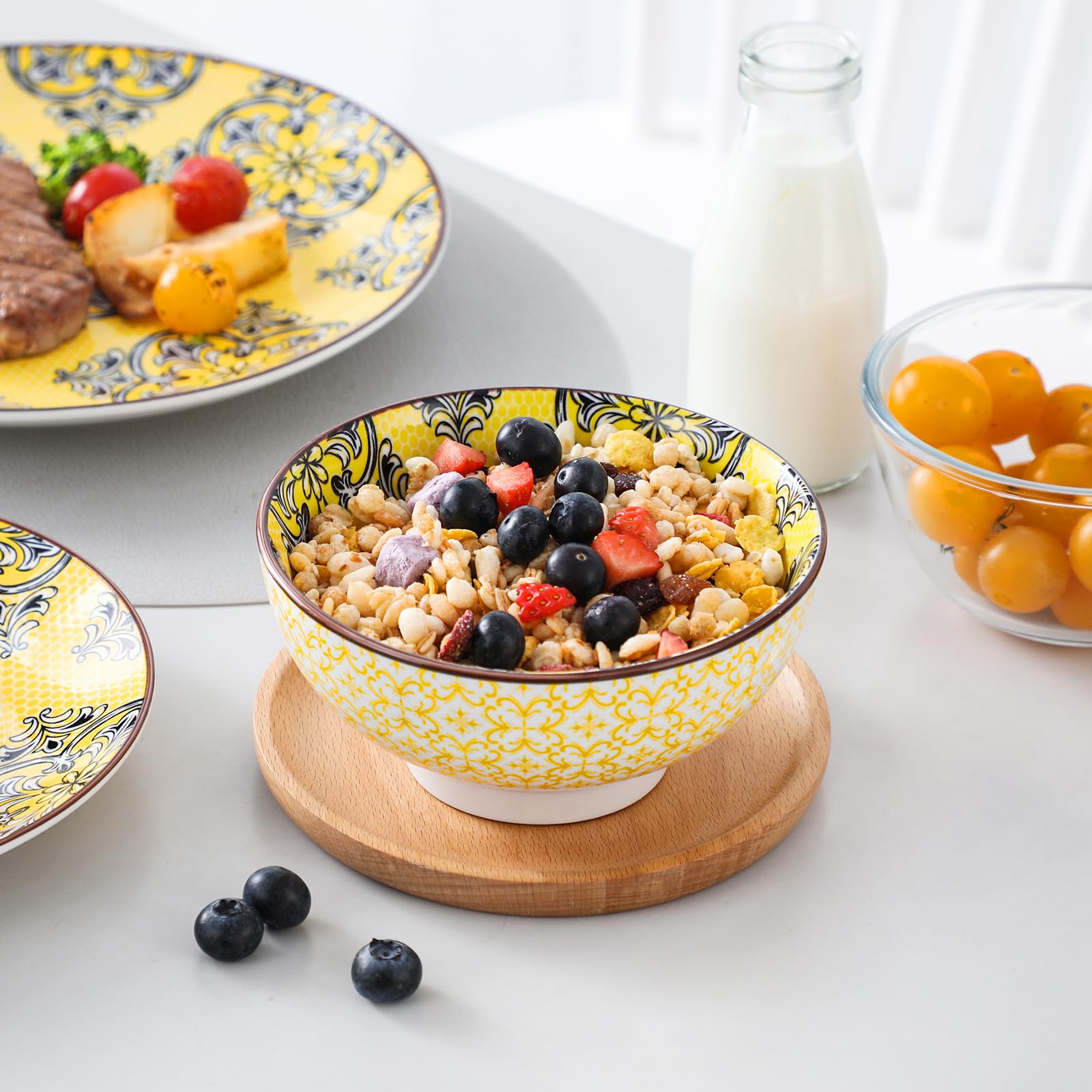 Vancasso 12-Piece Porcelain Dinnerware Set for 4 - Chip Resistant Ceramic Plates & Bowls - Hand-Painted Arabic Style Jasmine Series - Elegant Dining Tableware for Family Meals, Dinner Parties & Restaurant Use