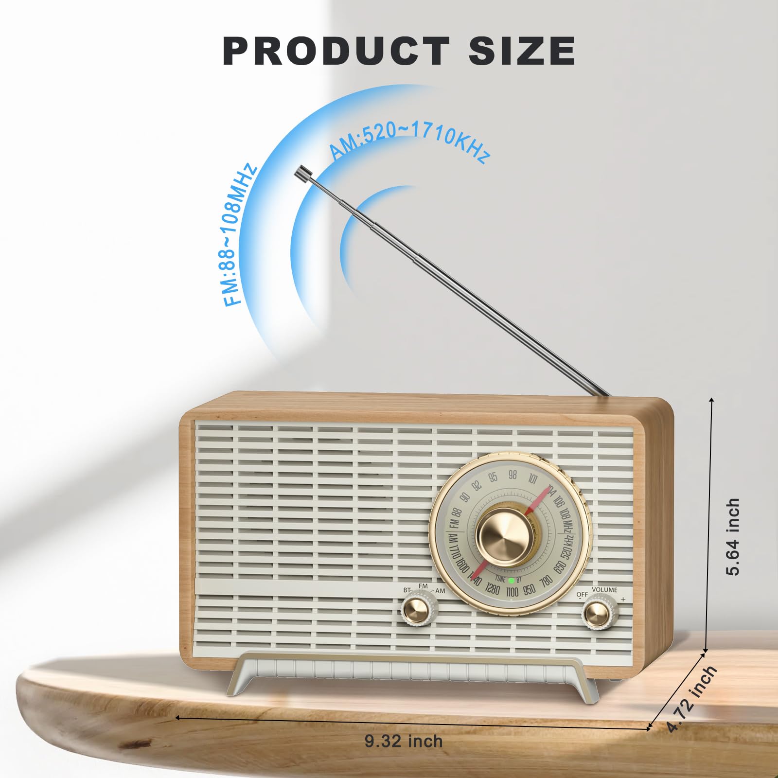 Vintage Wooden AM/FM Radio with Bluetooth Speaker - Classic Retro Tabletop Radio, Plug-in Wall Power, Rotary Knob Control - Perfect for Home, Office & Bedroom Use