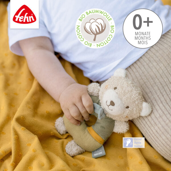 FehnNATUR Soft Ring Rattle Bear - Cute Baby Teething Toy with Gentle Sounds | Perfect for Newborns & Infants | Sensory Development & Soothing Gift for Nursery, Stroller & Playtime