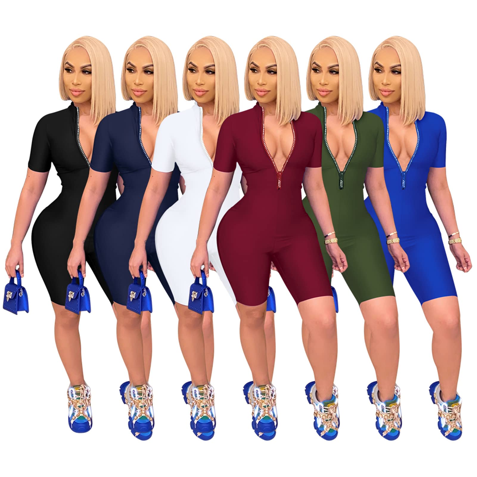 Sexy Women's Bodycon Jumpsuit - Long Sleeve V-Neck Zipper One Piece Outfit | Perfect for Club Nights, Date Nights & Evening Parties