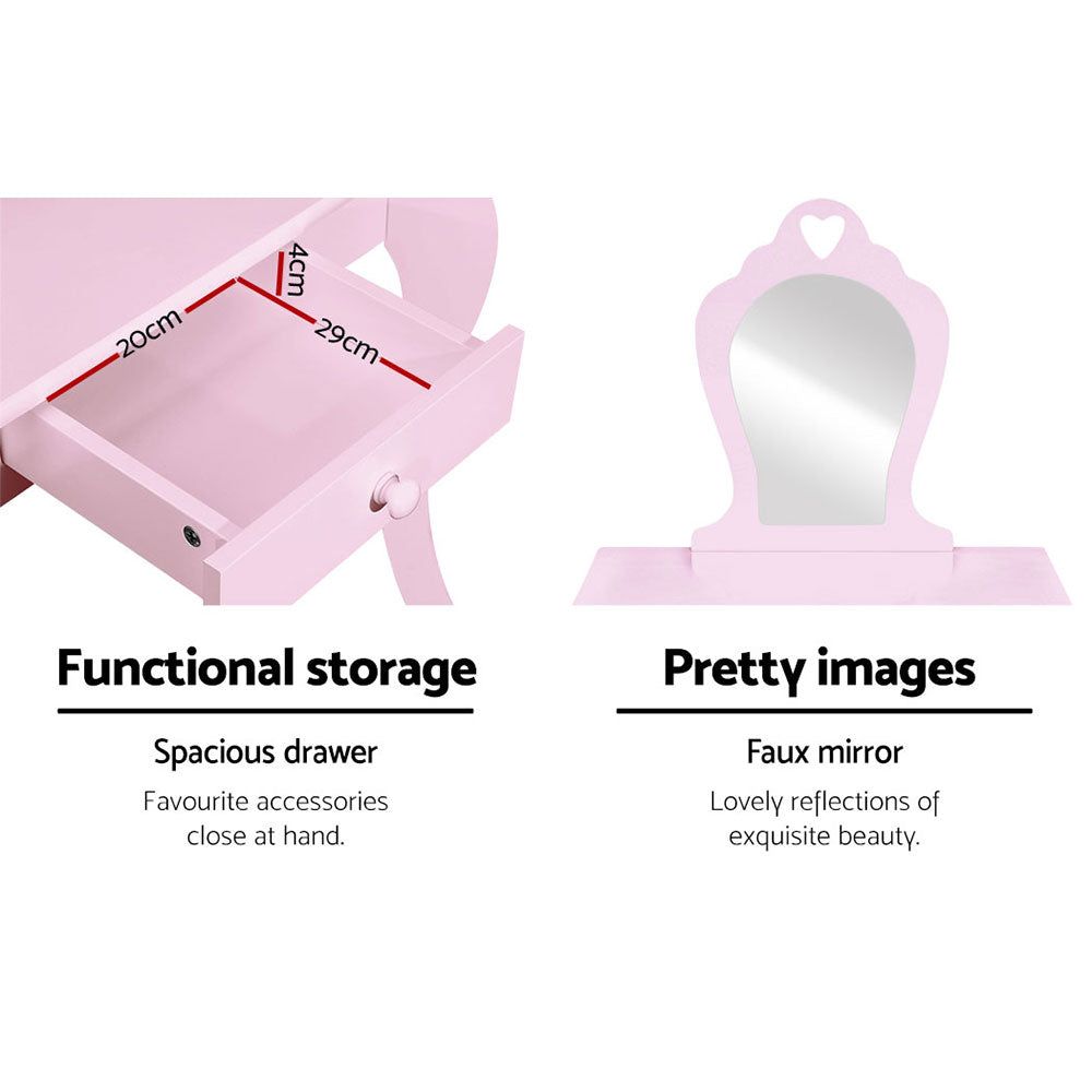 Keezi Kids Dressing Table and Stool Set with Vanity Mirror - Princess Style Pink Makeup Play Set for Girls | Perfect for Pretend Play, Birthday Gifts & Bedroom Decor