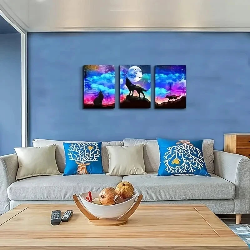 3-Piece Starry Sky Wolf Silhouette Metal Wall Art - Ready to Hang Home Decor for Living Room, Bedroom & Office