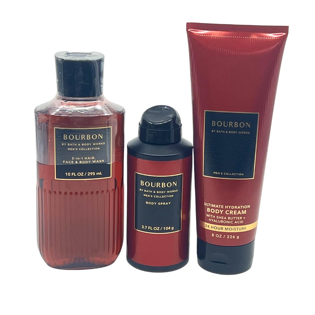 Bath & Body Works Bourbon Men's 3-Piece Gift Set - Body Wash, Body Cream & Body Spray - Holiday Gift Pack for Men - Perfect for Gifting, Travel & Daily Skincare Routine