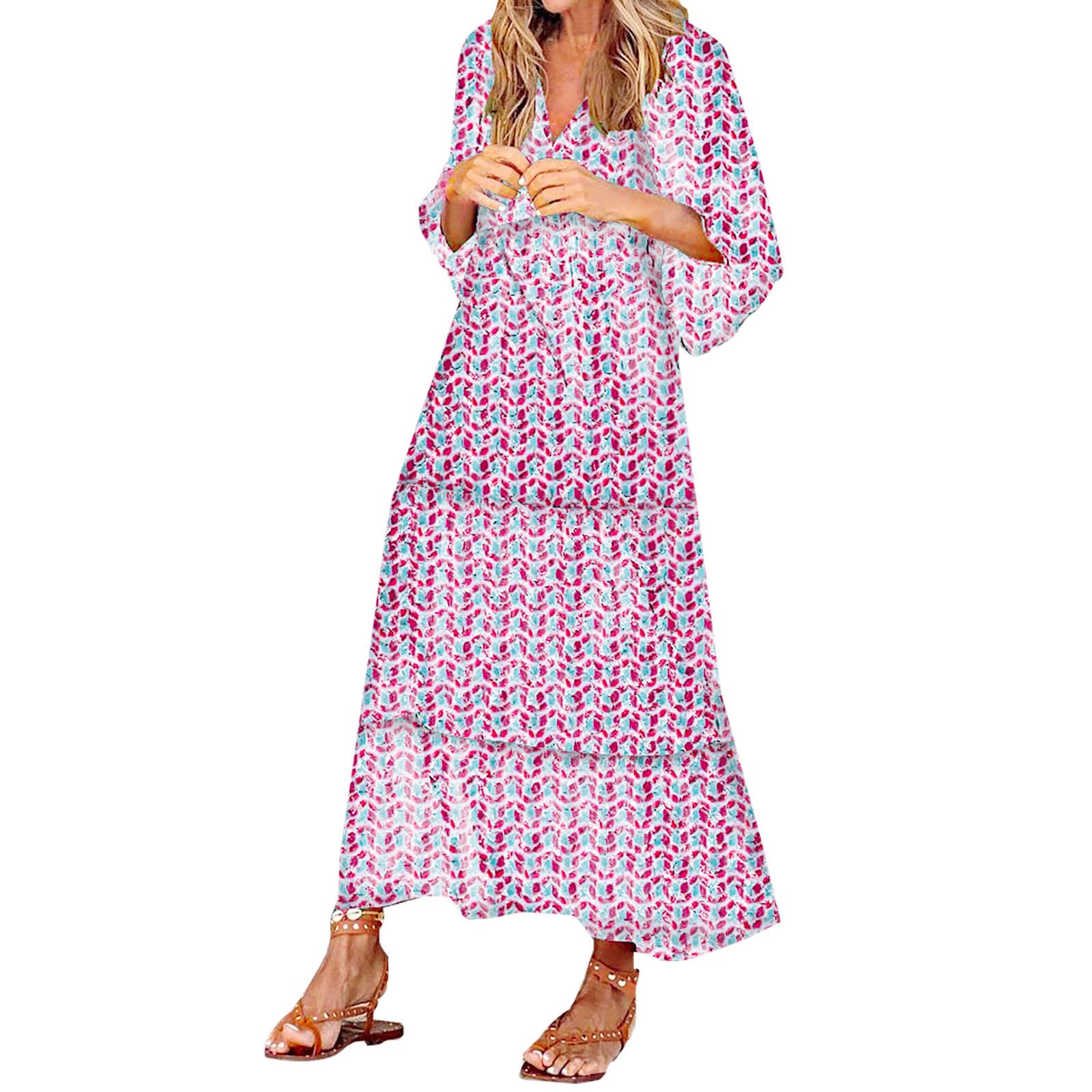 Women's Long Sleeve Maxi Dress with Lantern Sleeves & V-Neck - Floral Print Casual Beach Party Dress for Summer Vacations, Weddings, and Outdoor Events