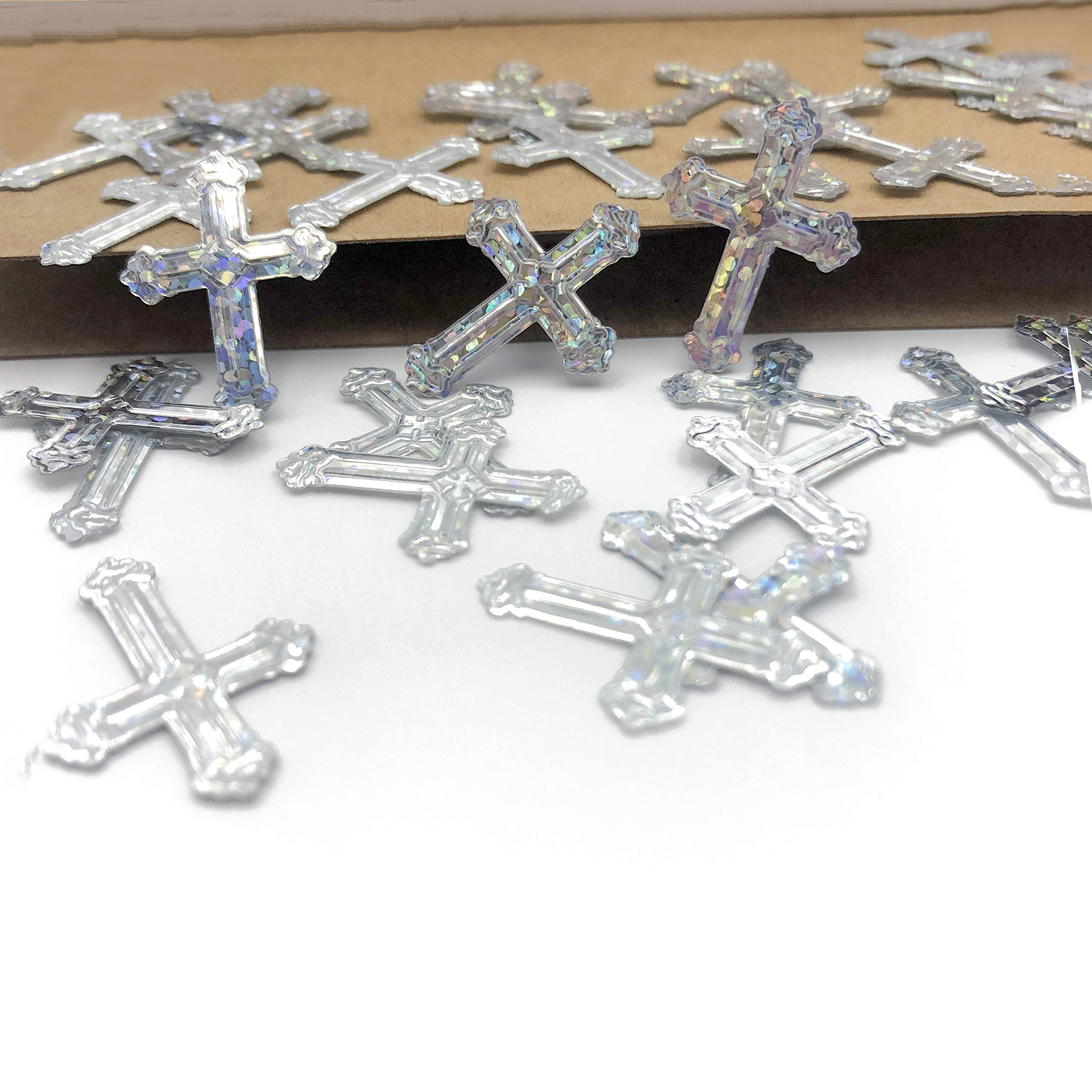 Religious Baptism Confetti - Iridescent Silver Cross Table Scatter (1.5oz, 1100pcs) for Christening, Thanksgiving, Birthday, Bachelorette, Wedding, Engagement, Bridal & Baby Showers, Bar Mitzvah Party Decorations & Favors | Perfect for Church Celebrations & Special Occasions