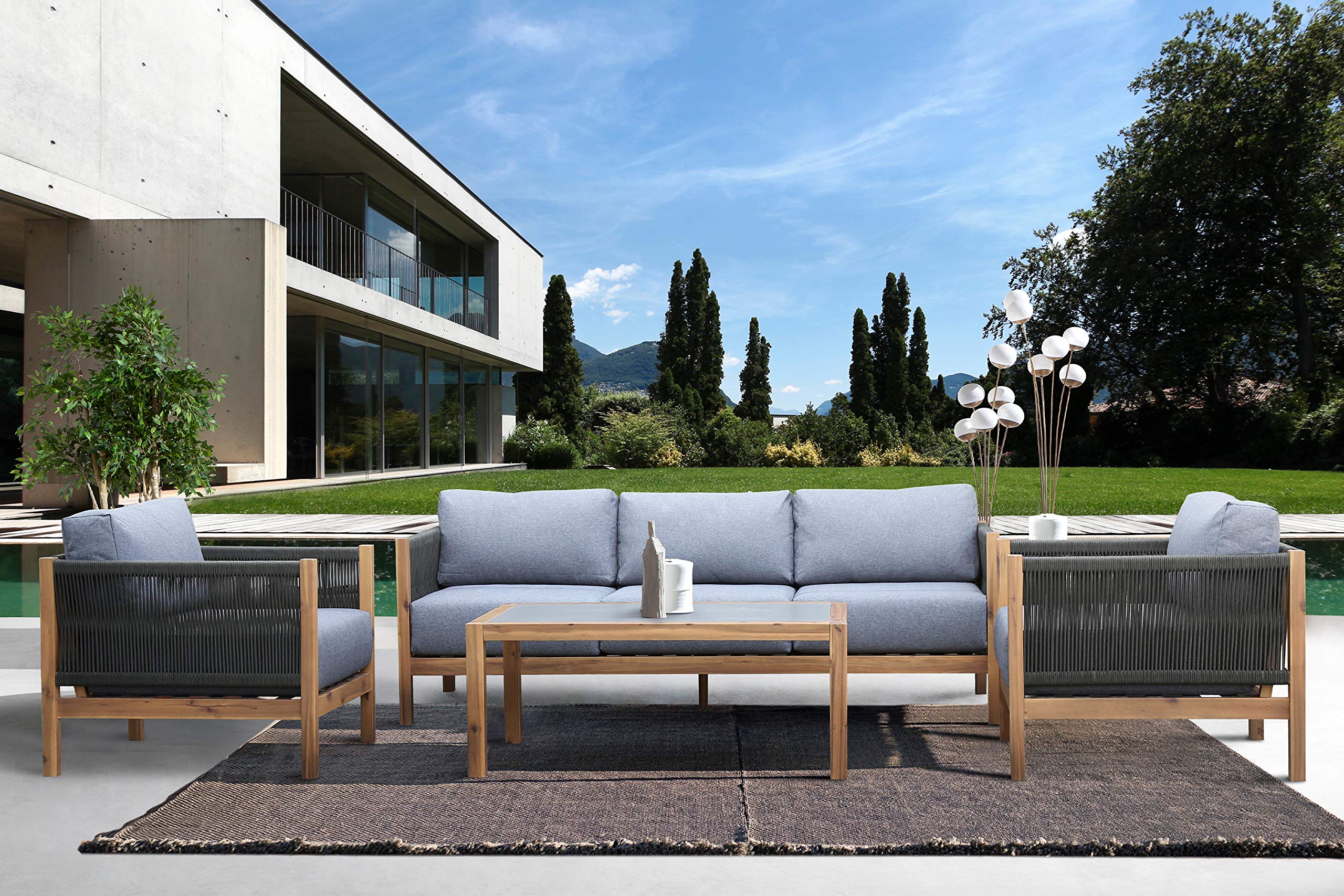 Armen Living Sienna 4-Piece Acacia Wood Outdoor Patio Sofa Set - Teak & Gray Weather-Resistant Furniture for Garden, Poolside, or Backyard Relaxation