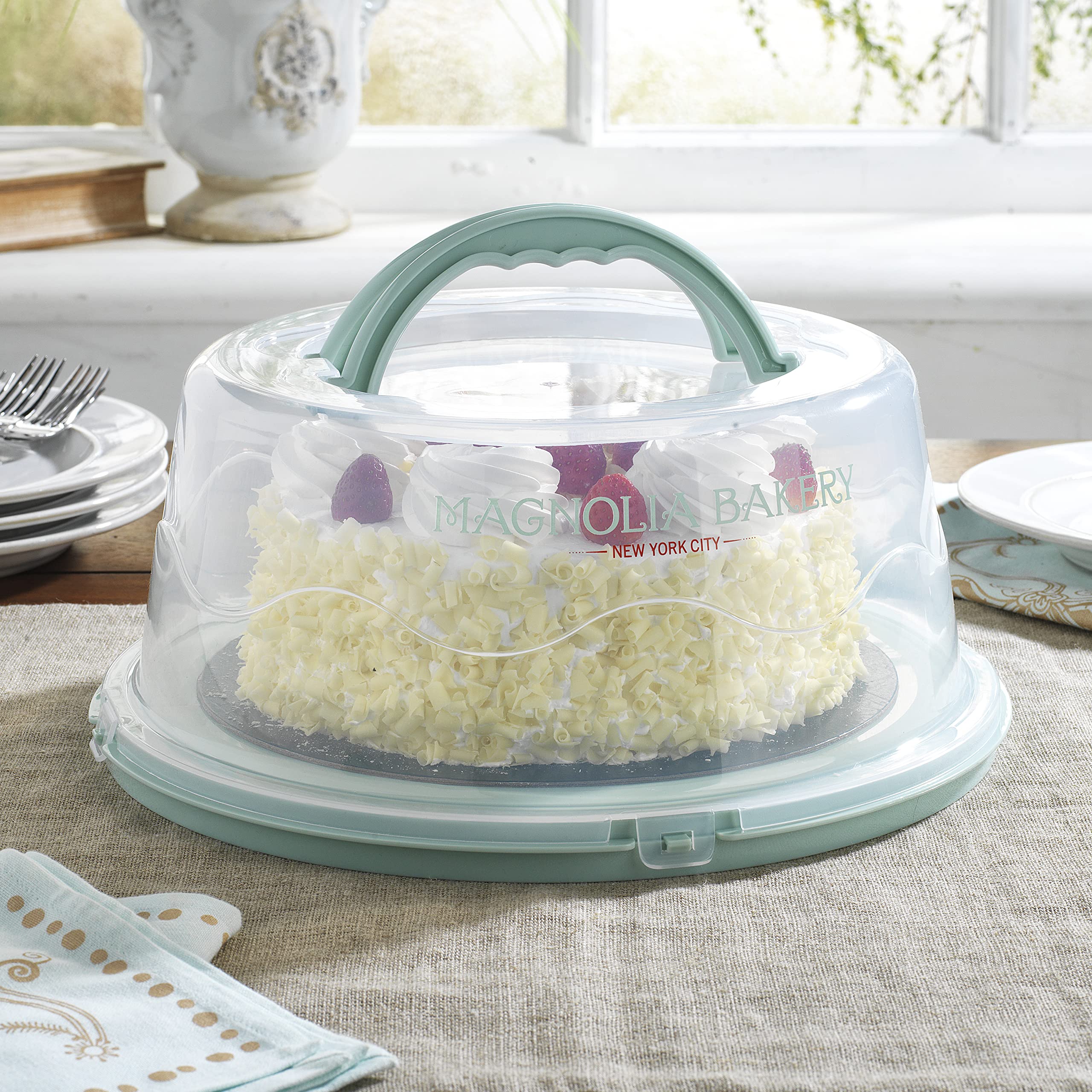 MosJos Extra Large Cake Carrier with Lid - 10-Inch Cake Holder with 2 Sturdy Snaps & Handles, 5-Section Tray for Transporting Iced Cakes - Perfect for Birthday Parties, Wedding Cakes & Baking Events (Green)
