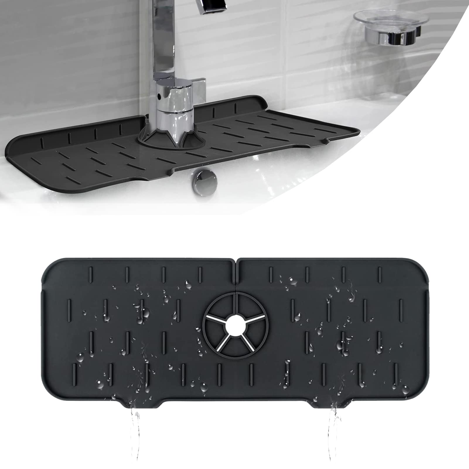 Silicone Faucet Drip Tray with Sponge Holder - Kitchen & Bathroom Counter Protector for Drying Dishes