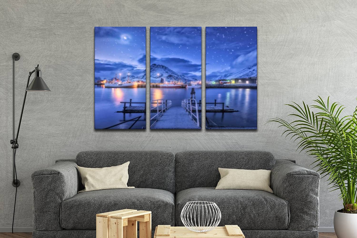 3 Panel Wall Art - Modern Canvas Prints of Fishing Boats Near Pier on Sea with Snowy Mountains & Starry Sky - Home Decor for Living Room & Bedroom - Ready to Hang - Perfect for Coastal, Nautical & Winter Themed Interior Design