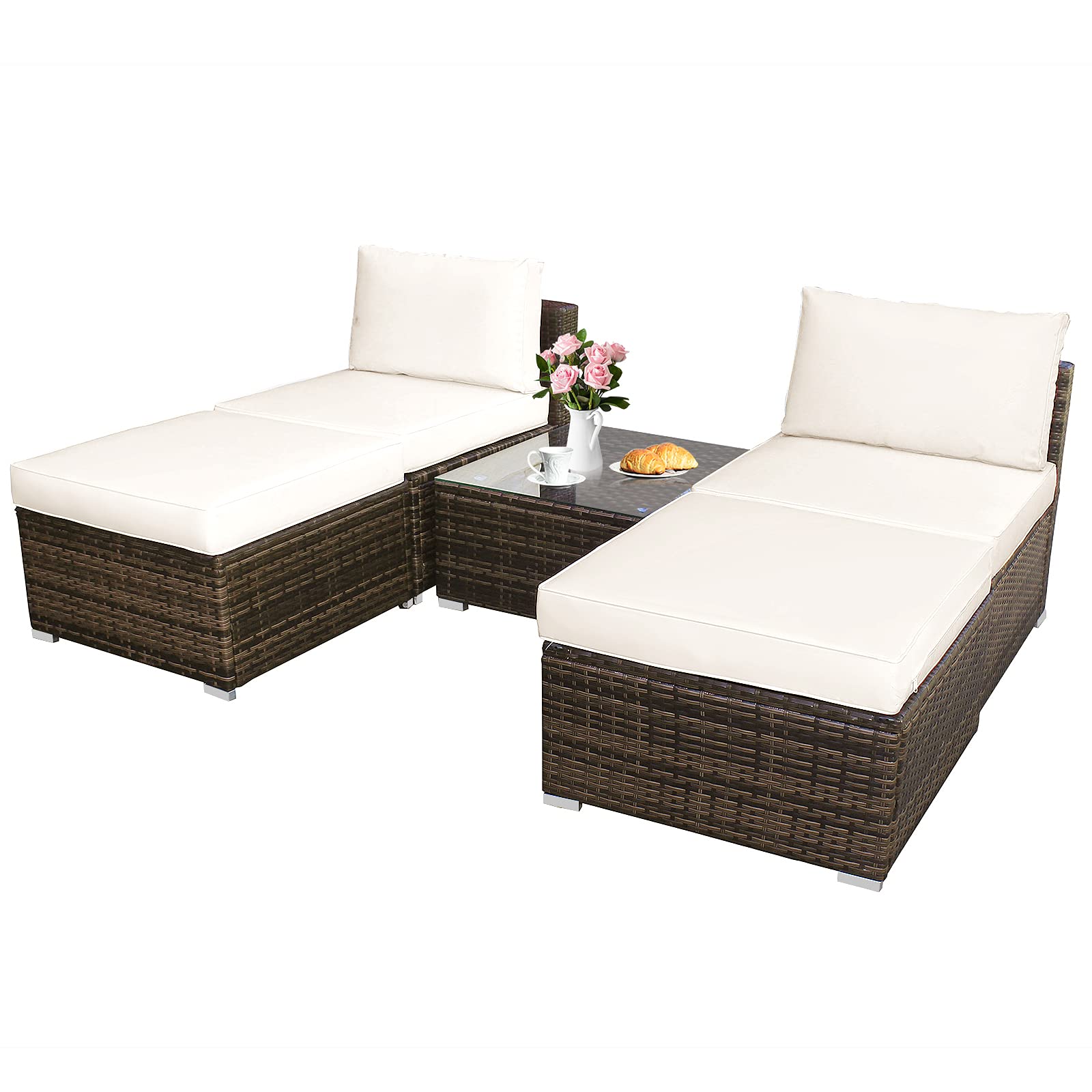 Tangkula 5-Piece Wicker Patio Furniture Set with Tempered Glass Coffee Table - Outdoor Conversation Set Includes 2 Armless Sofas, 2 Ottomans & Side Table - Washable Zippered Cushions for Porch, Garden or Poolside Relaxation
