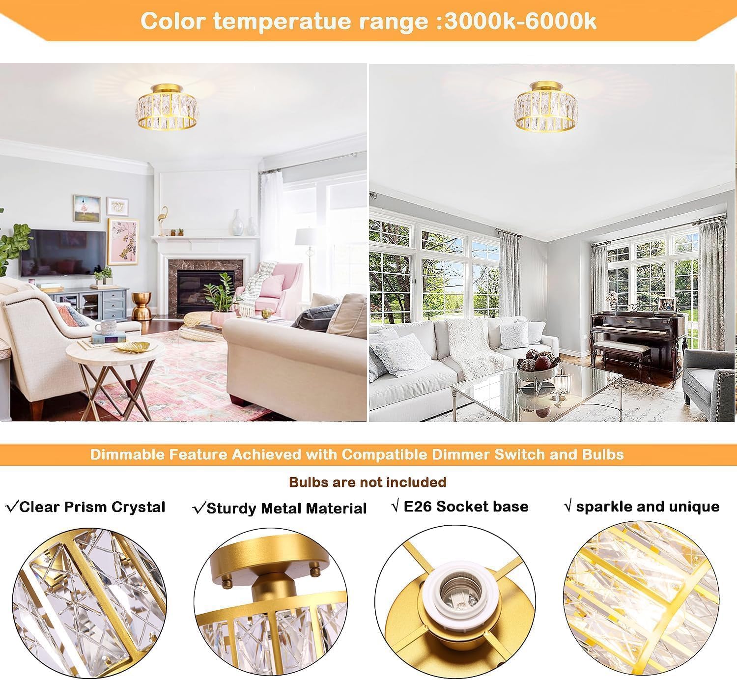 Modern Gold Semi Flush Mount Ceiling Light - Crystal Chandelier Lighting Fixture for Hallway, Kitchen, Entryway, Bedroom & Laundry | Elegant Home Decor & Ambient Lighting Solution