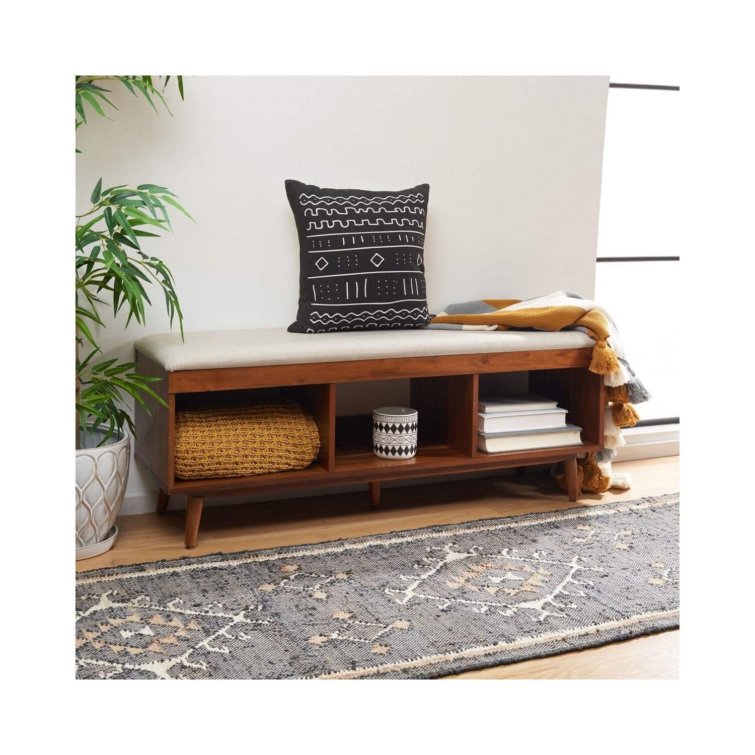 Safavieh Cricket Linen Cushion Acacia Wood Storage Bench - Rectangle Open Shelf Design, Cream/Natural - Perfect for Entryway, Bedroom or Living Room Seating & Storage