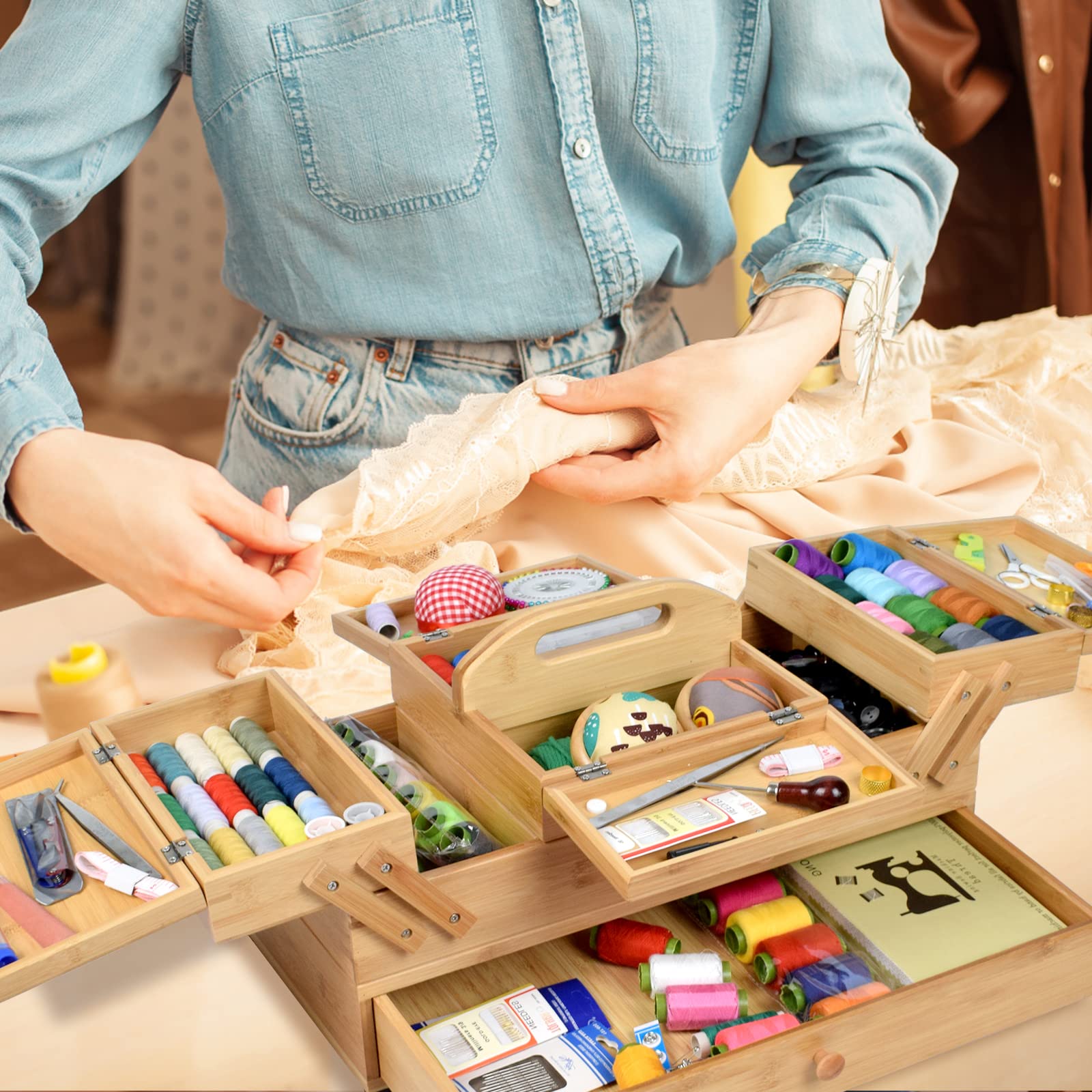 Wooden Sewing Box Organizer with 3 Tier Drawers - Perfect for Sewing Supplies, Craft Tools & Needles Storage - Ideal for Sewing Enthusiasts, Quilters & DIY Craft Projects