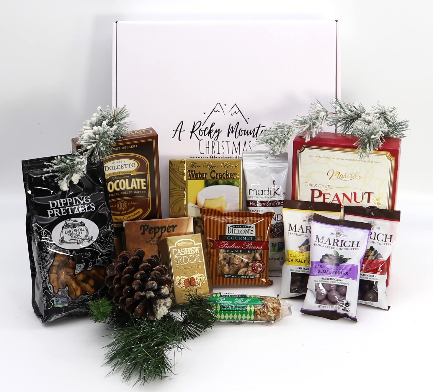 Rocky Mountain Christmas Gift Basket - Gourmet Snacks Box with Pretzels, Chocolate Covered Fruits & Nuts, Wafers, Pecan Roll, Cheese Spread, Roca & Peanut Brittle | 13x13x3 Inches, 3.19 lbs | Perfect Holiday Gift for Family, Friends & Corporate Events