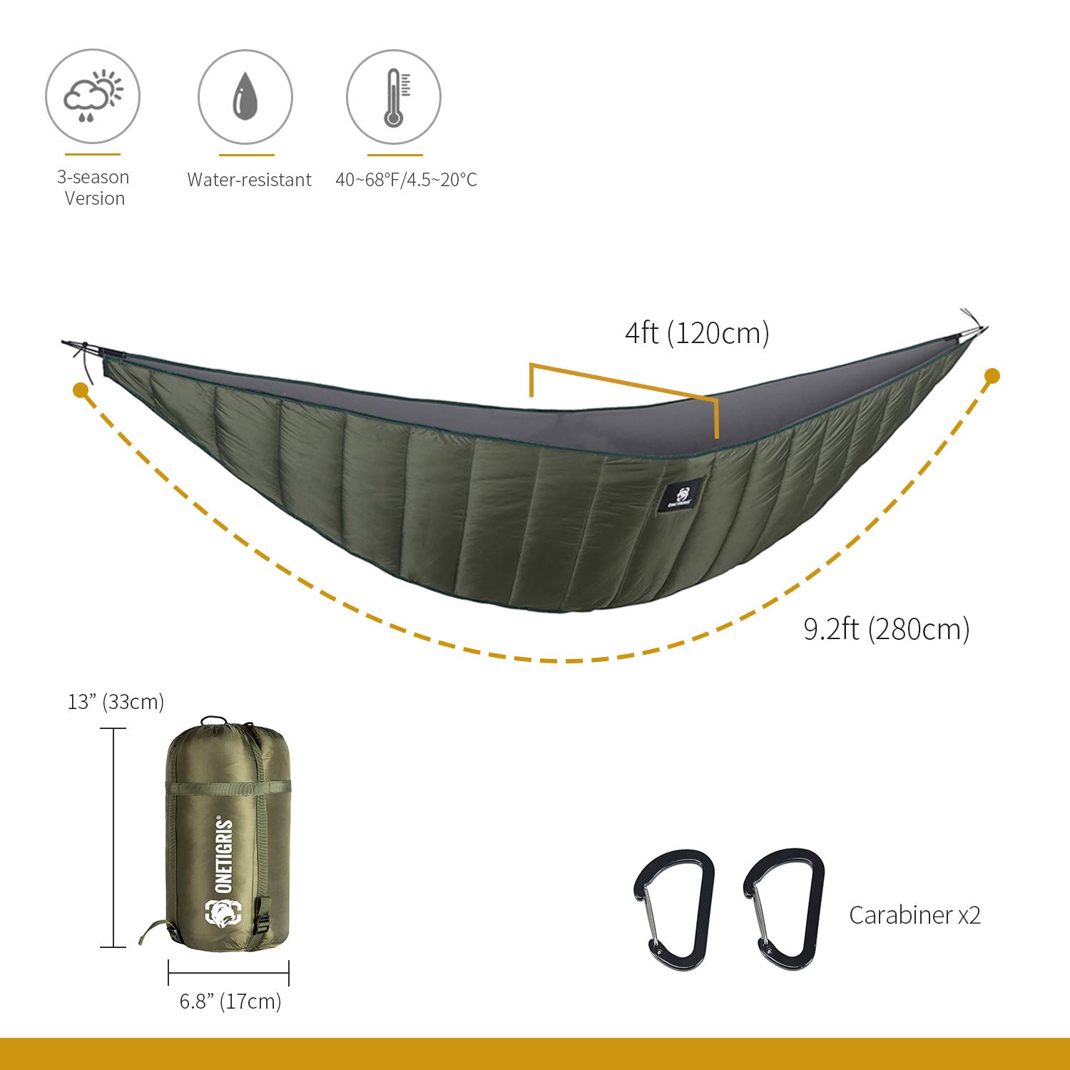 OneTigris Night Protector Ultralight Hammock Underquilt - 3-4 Season Full Length Camping Quilt for Hammocks (28oz) | Perfect for Camping, Hiking, Backpacking, Travel & Beach Relaxation