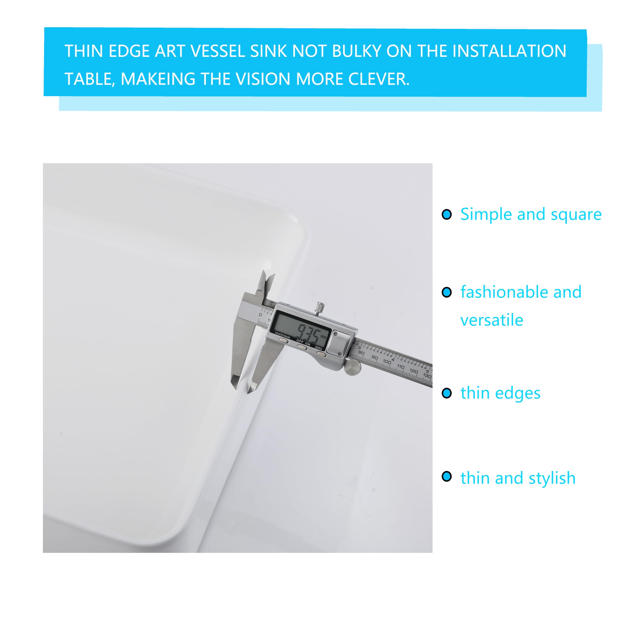 20x14 Inch Modern White Porcelain Ceramic Vessel Sink - Rectangular Above Counter Bathroom Vanity Sink with Art Basin | Perfect for Contemporary Bathrooms, Powder Rooms, and Luxury Home Decor (HLBLFY)