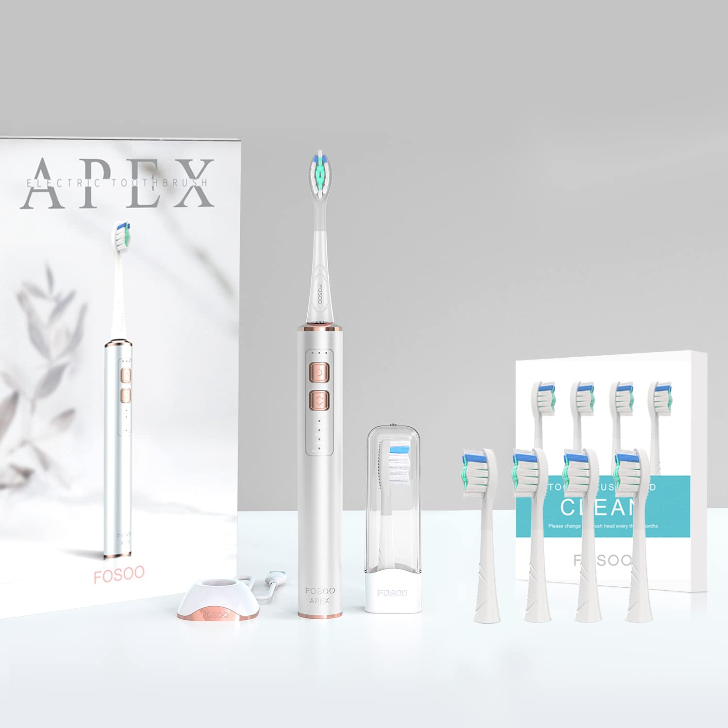 FOSOO Sonic Electric Toothbrush with 6 Replacement Brush Heads (4 Clean Refills + 2 Standard) - Whitening & Deep Cleaning for Adults - Perfect for Travel, Home & Office Use