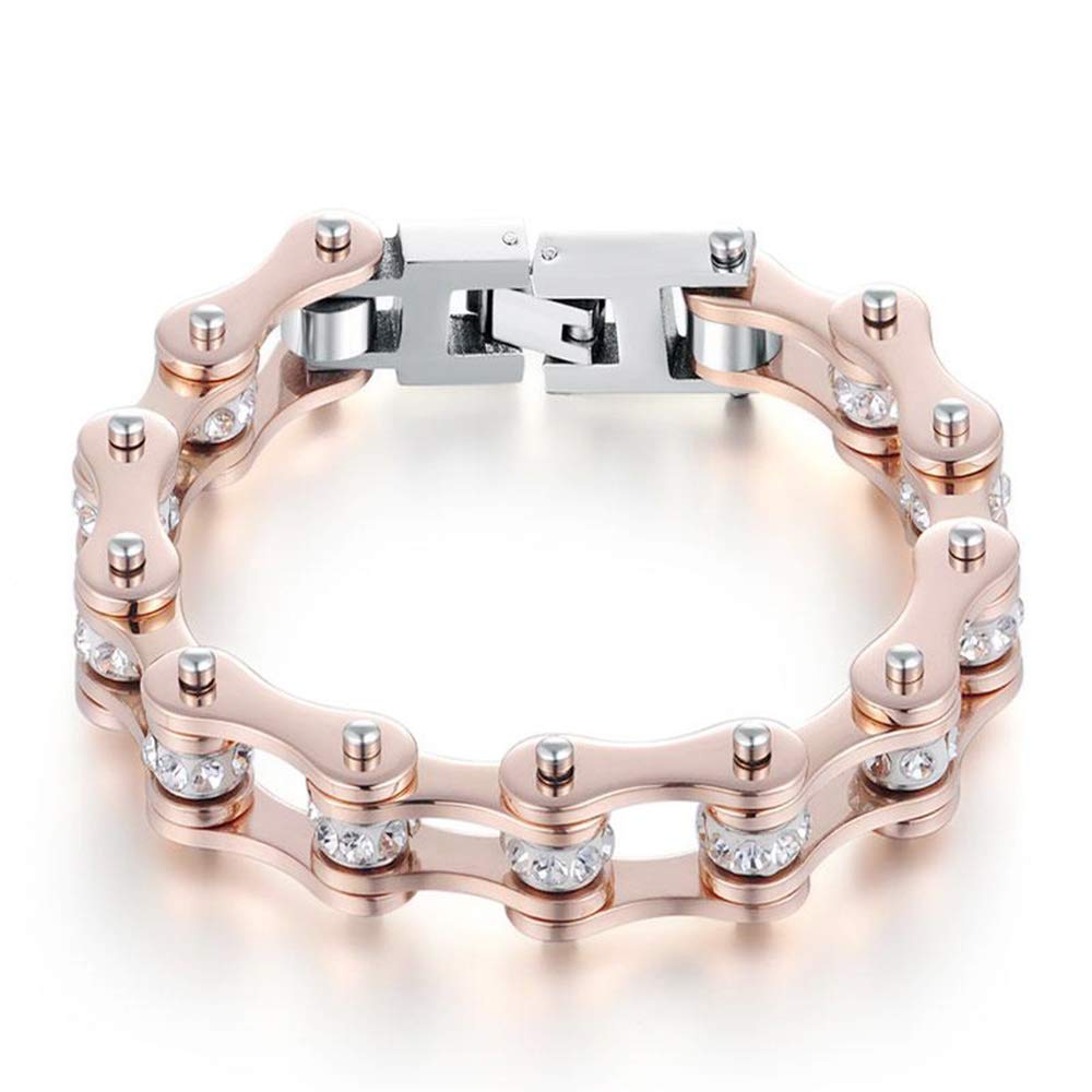 Punk Rose Gold Bicycle Bike Crystal Bracelet for Women - 316L Stainless Steel Rhinestone Biker Chain Bracelet (Rose Gold, 17.5 inch) - Perfect for Motorcycle Rides, Cycling, Biker Events & Fashion Accessories