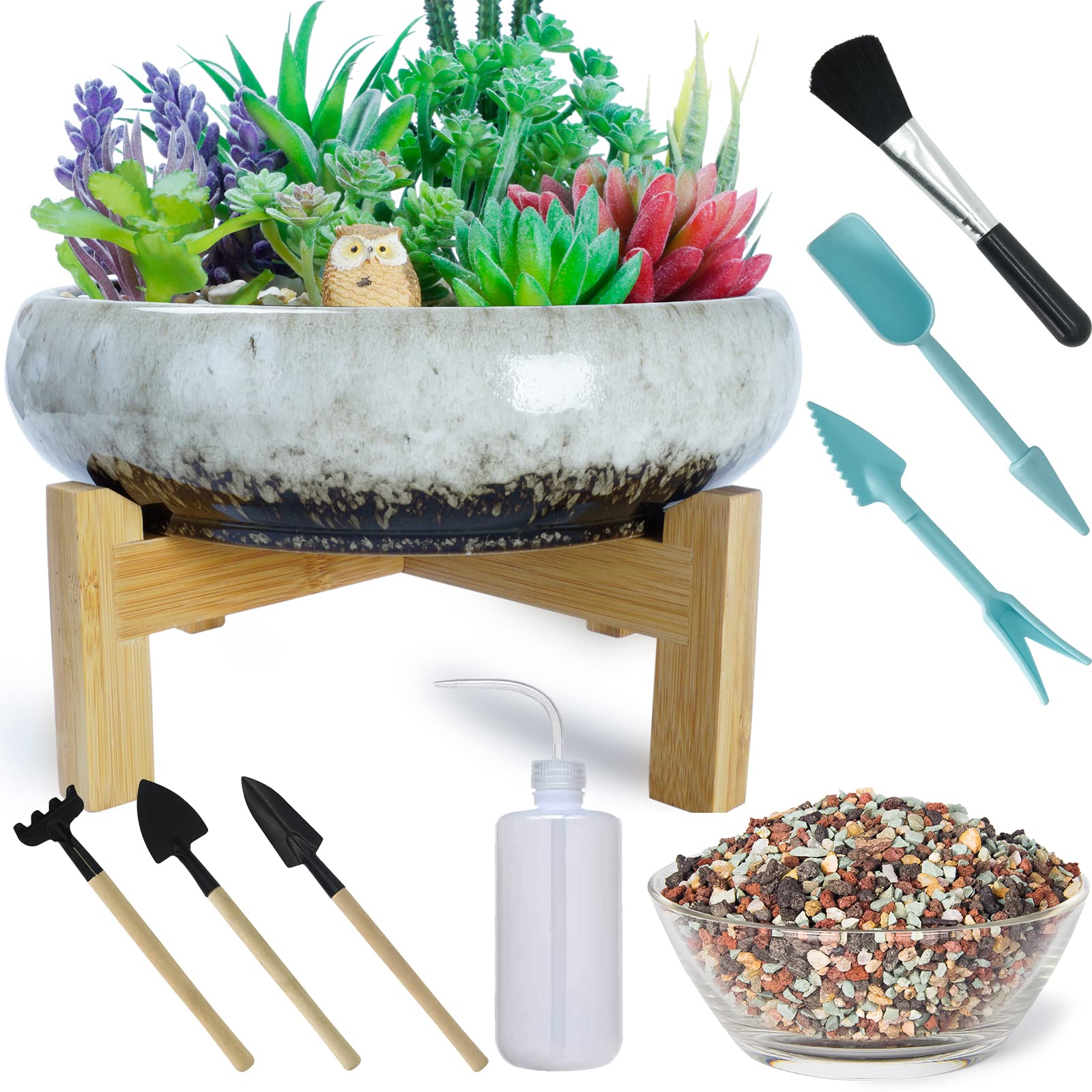 ARTKETTY Large Ceramic Succulent Pots with Drainage Holes - 2.2lb Horticultural Lava Rock Pebbles & Planting Tools Set - Shallow Bonsai Planter for Cactus, Flowers, Indoor Plants | Perfect for Home Decor, Office Desk, Garden & Beginner Gardening