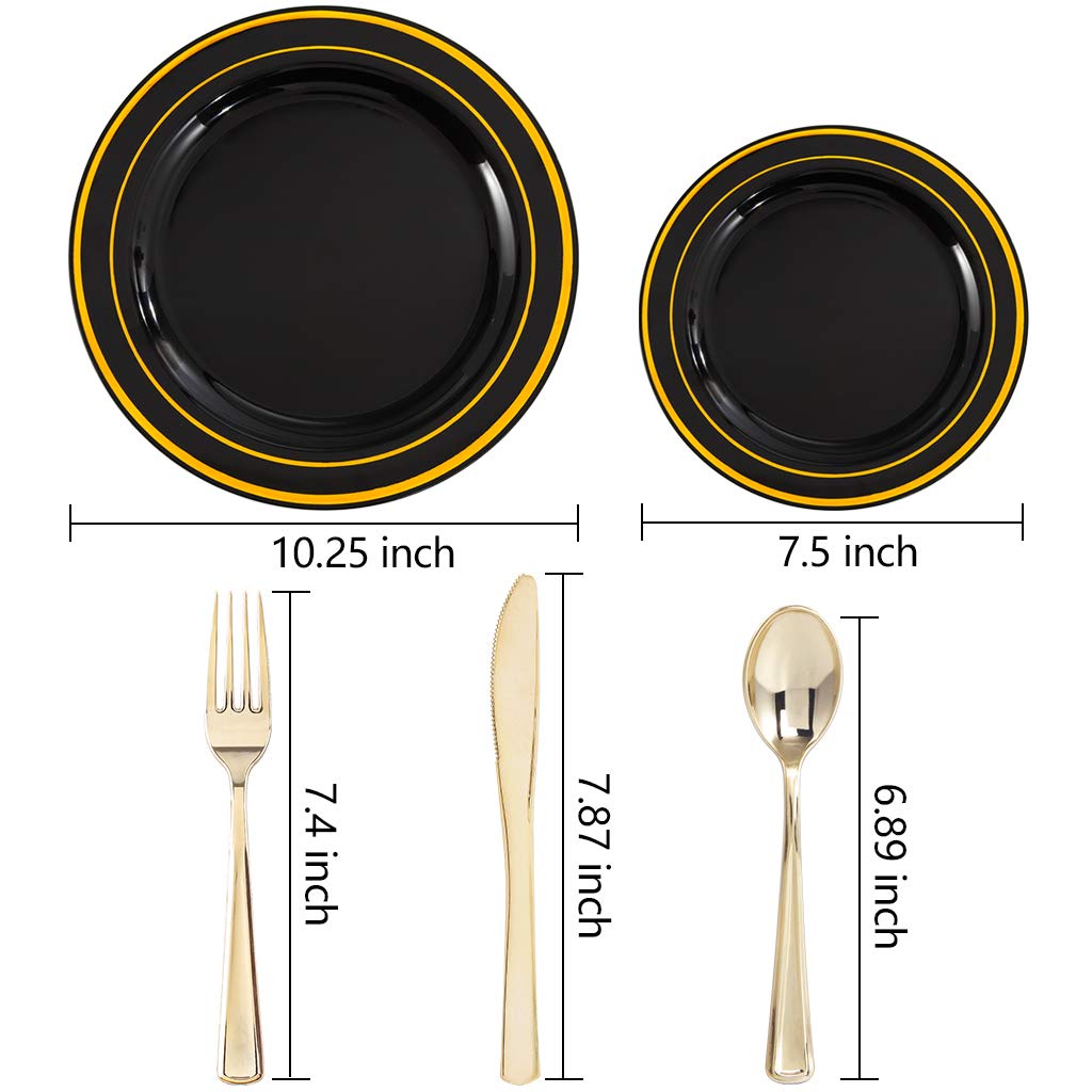 125-Piece Elegant Black Plastic Dinnerware Set with Gold Trim - Includes 25 Dinner Plates, 25 Dessert Plates, 25 Forks, 25 Knives & 25 Spoons - Disposable Gold Silverware for Parties, Weddings, New Year Celebrations & Special Events