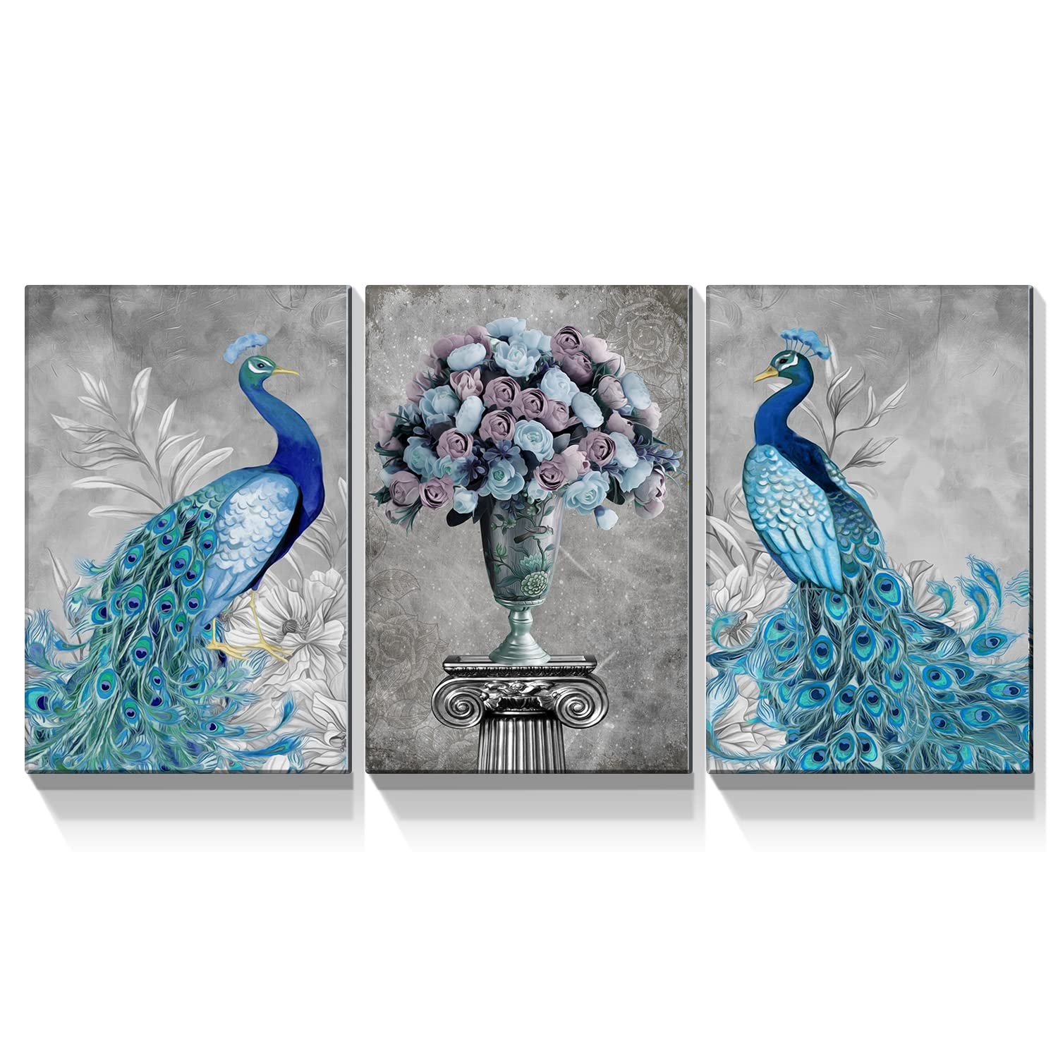 Looife Peacock Canvas Wall Art - 16x24 Inch 3 Panel Vintage Blue Peacock Painting with Flower Vase, Giclee Prints Gallery Wrapped, Elegant Animal Feather Background - Perfect for Living Room, Bedroom & Office Decor