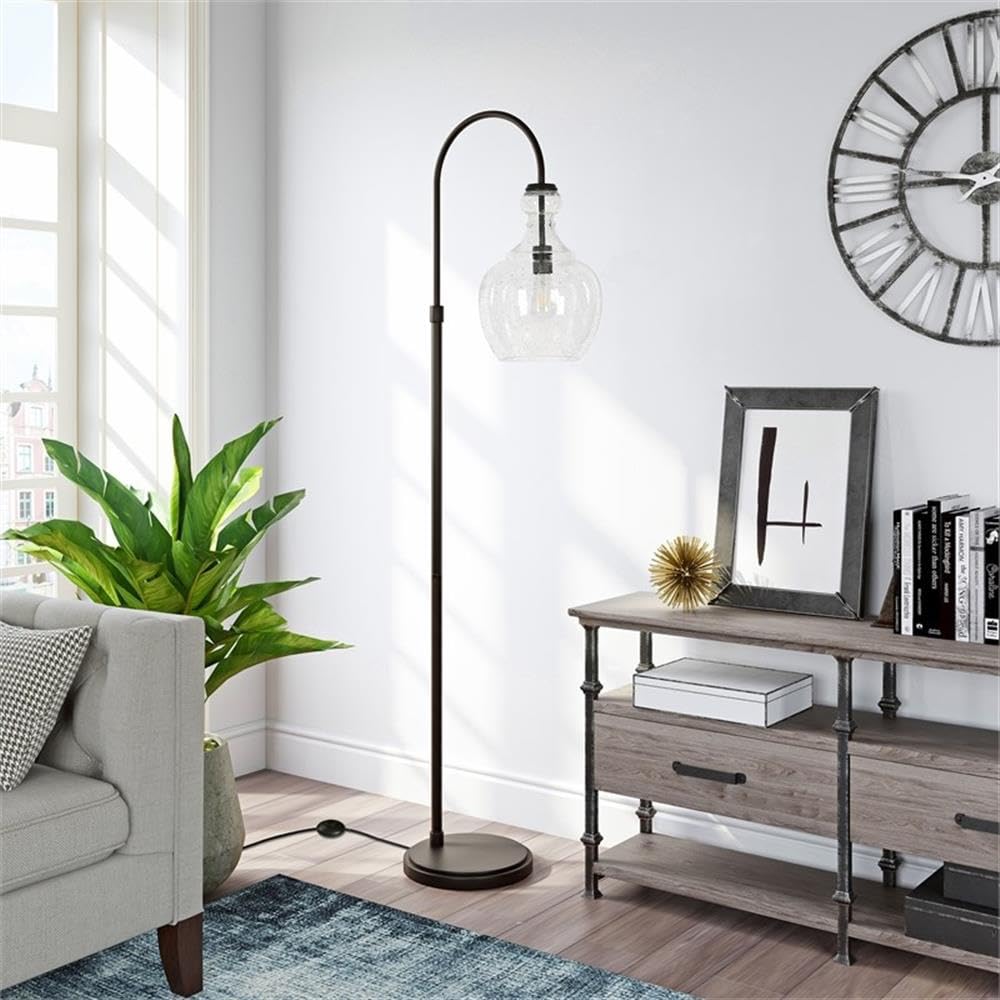 Black Bronze Metal Arc Floor Lamp with Seeded Glass Shade - Modern Industrial Lighting for Living Room, Bedroom & Office Decor