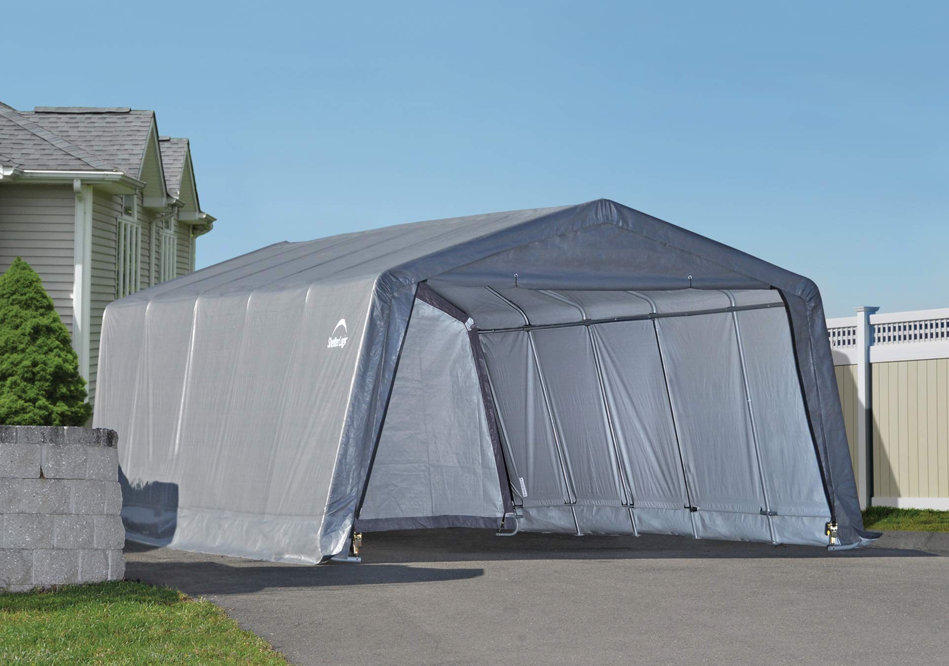 ShelterLogic Peak Style 12x20x8 ft Portable Garage Storage Shelter - Heavy Duty Weatherproof Grey Cover for Car, Boat & Outdoor Equipment Protection