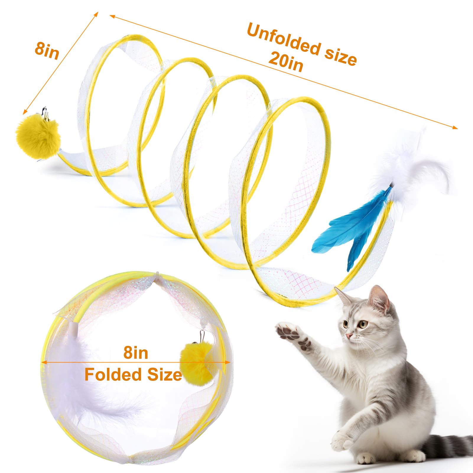 Foldable S-Shaped Cat Tunnel Toy for Indoor Cats - Interactive Play with Ribbon, Bell, Feather & Pom Pom Balls - Stress Relief & Exercise for Kittens - Perfect for Playtime, Training & Bonding (Yellow)