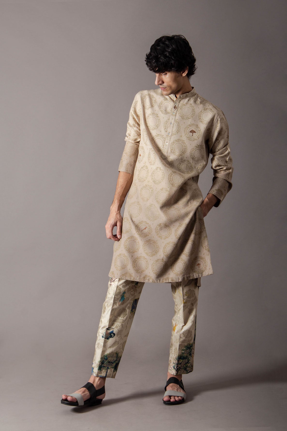 Roshan Bade Miyan Kurta - Premium Muga Satin Beige Circular Kurta for Men - Perfect for Festivals, Weddings & Cultural Events