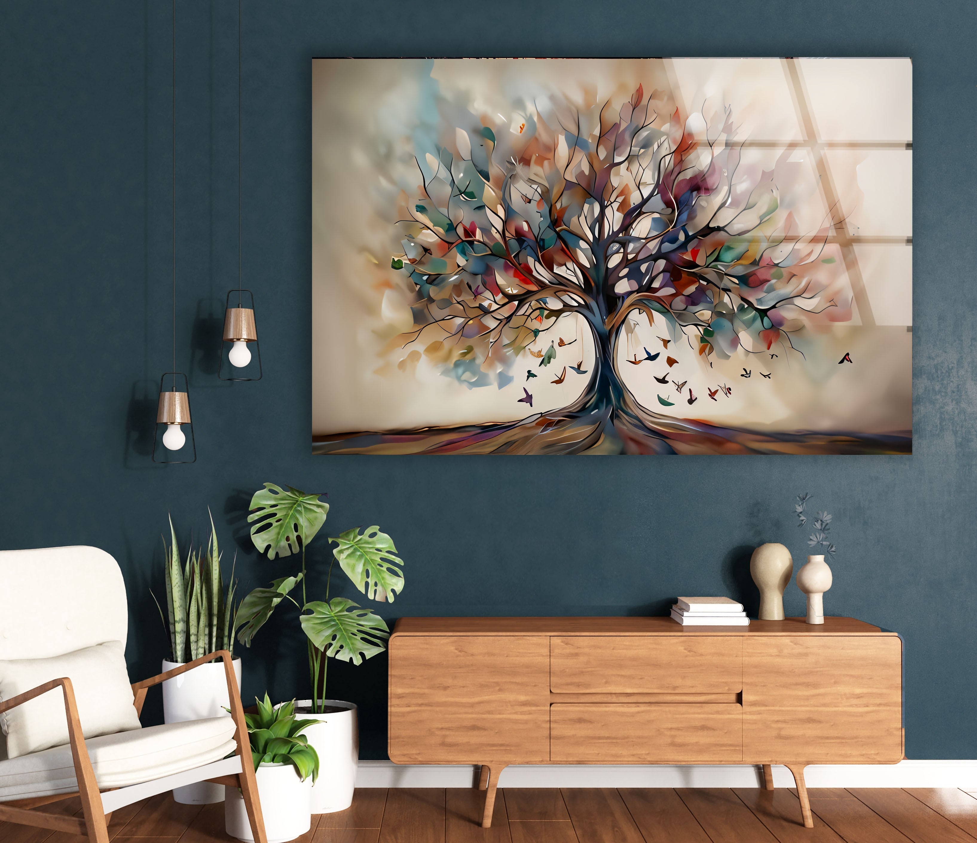 Beige Tree Glass Wall Art - Elegant Home Decor for Living Room, Bedroom & Office - Perfect for Modern & Boho Interiors